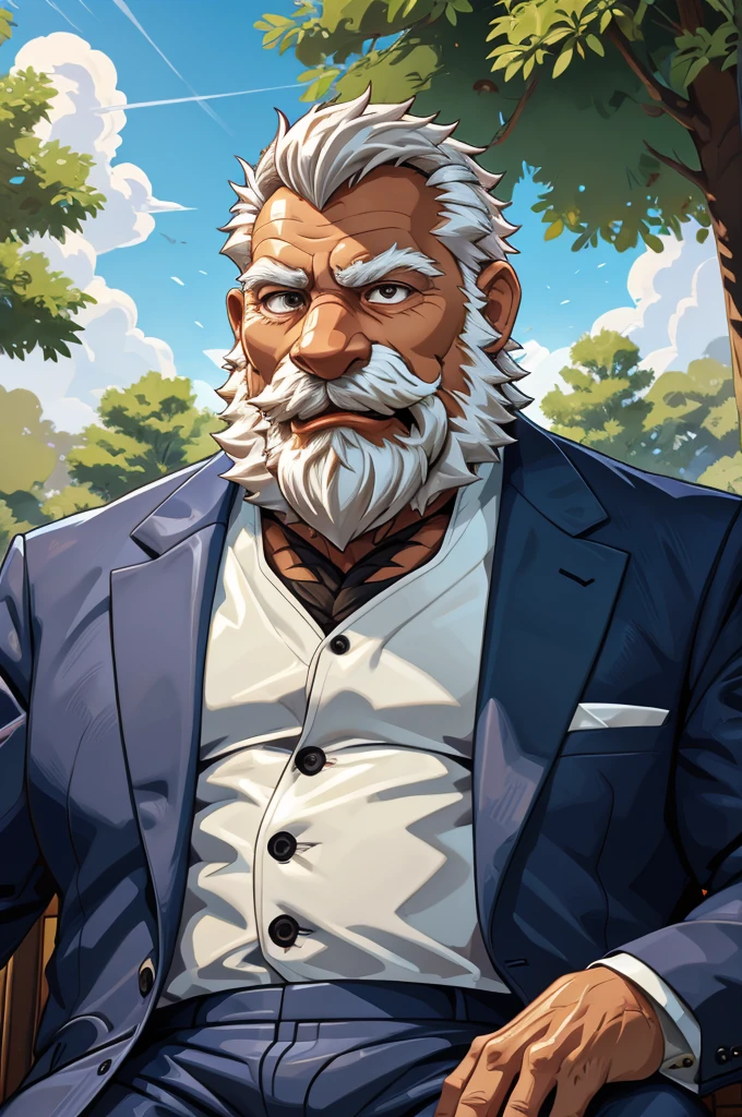 (vector:2.0, mwvector), a (portrait) of muscular old man in park, beard, happy, summer, suits, detailed vector, high detail, half body, realistic, white hair