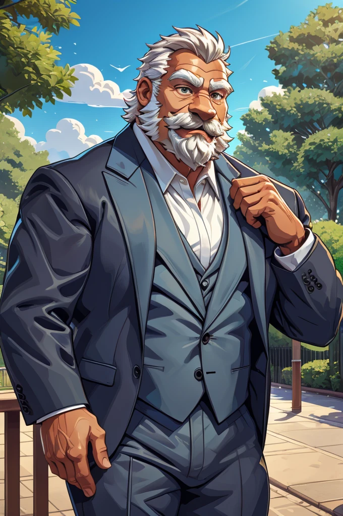 (vector:2.0, mwvector), a (portrait) of muscular old man in park, beard, happy, summer, suits, detailed vector, high detail, half body, realistic, white hair