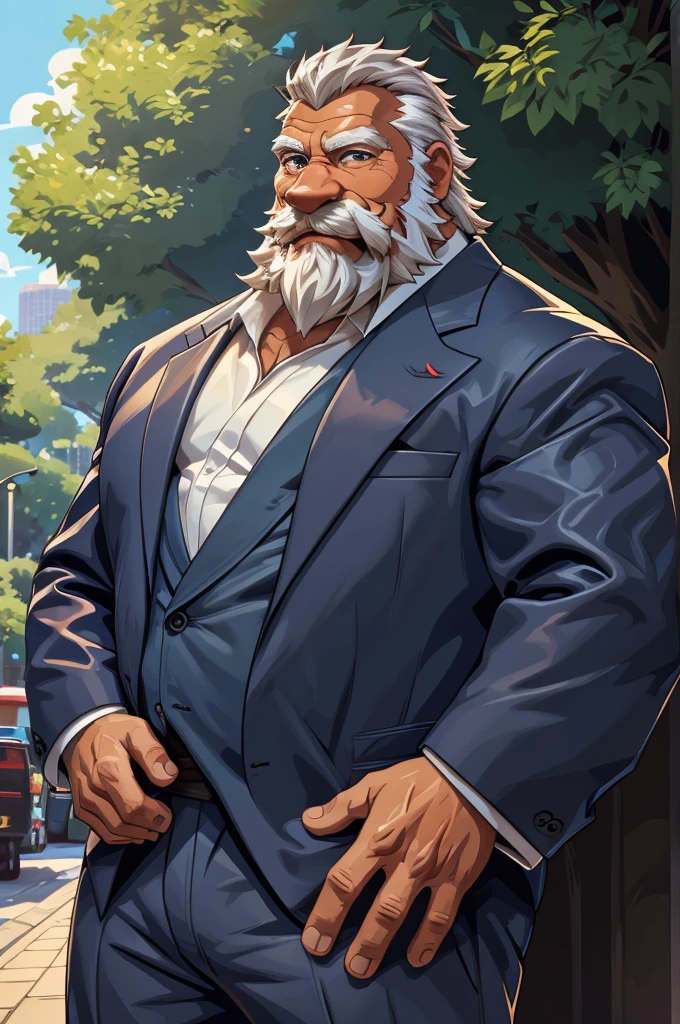 (vector:2.0, mwvector), a (portrait) of muscular old man in park, beard, happy, summer, suits, detailed vector, high detail, half body, realistic, white hair