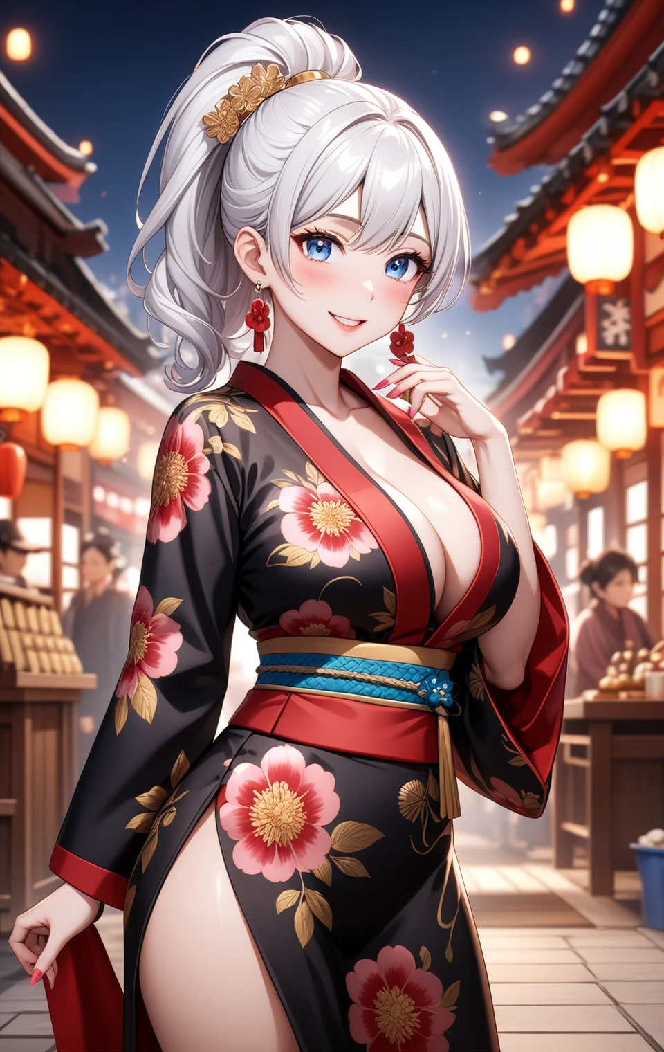 ((one personの女性)), Beautiful Face,Laugh shyly,((Wink:1.1)),Laughing with your mouth open,turn bright red,Glossy pink lips,night,Shrine festival stalls,((Anime style background)),masterpiece, highest quality, so beautiful, up to date, Complex details, (Pink long nails),AI-generated, Complex,High resolution, highest quality, super high quality,3D Images、View your audience、3D Images,one person,Long white hair,High Ponytail,blue eyes,Anime woman posing for a photo, [[Fine grain、Colorful eyes、Shining Eyes:1.15]],(Squint your eyes:1.1),a hyperRealistic , hyperRealistic , Realistic,Long haired white haired anime woman, Smooth anime CG art, A woman in a colorful kimono with gold embroidery, (Black kimono),Red floral pattern,Long flower hair ornament,Big earrings,(Big Breasts:1.1),Mature Body,tall,Big Ass,Fine details,Tight waist,Abdominal muscles,(Face close-up:1.5),Tilt your face,Shooting from an angle,Christian prayer pose