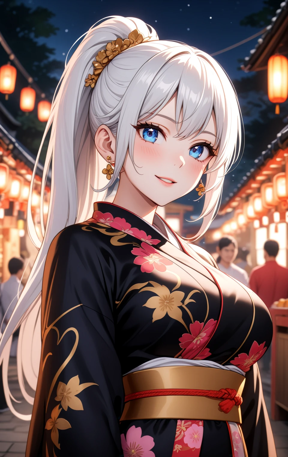 ((one personの女性)), Beautiful Face,Laugh shyly,((Wink:1.1)),Laughing with your mouth open,turn bright red,Glossy pink lips,night,Shrine festival stalls,((Anime style background)),masterpiece, highest quality, so beautiful, up to date, Complex details, (Pink long nails),AI-generated, Complex,High resolution, highest quality, super high quality,3D Images、View your audience、3D Images,one person,Long white hair,High Ponytail,blue eyes,Anime woman posing for a photo, [[Fine grain、Colorful eyes、Shining Eyes:1.15]],(Squint your eyes:1.1),a hyperRealistic , hyperRealistic , Realistic,Long haired white haired anime woman, Smooth anime CG art, A woman in a colorful kimono with gold embroidery, (Black kimono),Red floral pattern,Long flower hair ornament,Big earrings,(Big Breasts:1.1),Mature Body,tall,Big Ass,Fine details,Tight waist,Abdominal muscles,(Face close-up:1.5),Tilt your face,Shooting from an angle,Christian prayer pose