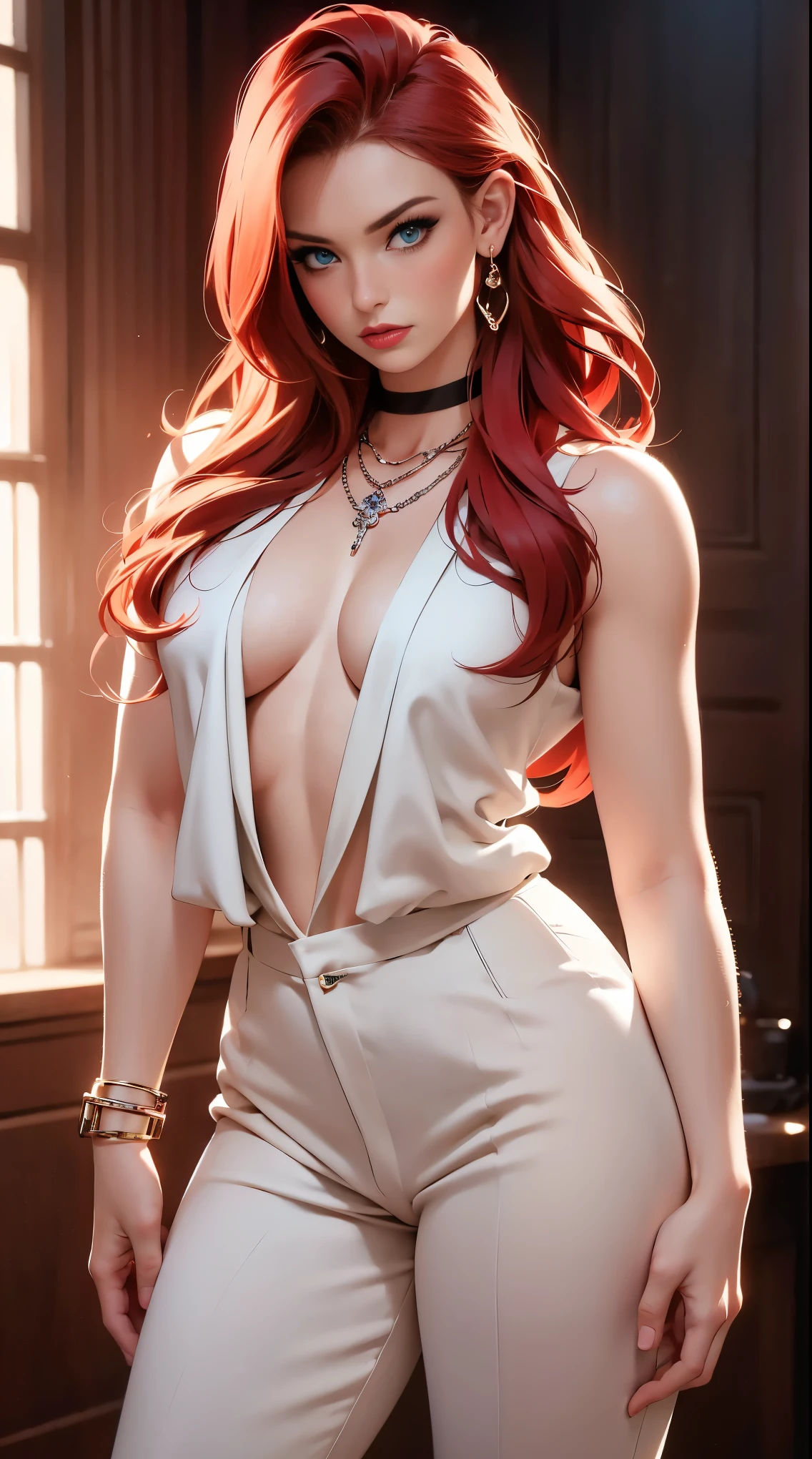 1 beautiful woman, 20 years old, bright red hair, pale white skin (realistic skin details, realistic skin), bright blue eyes (very detailed and vivid eyes), red lips, makeup, necklace, earrings, choker, accessories, perfect body , perfectly round butt, naked, looking at viewer, sexy pose, (perfect hands), (hands with 5 fingers), (masterpiece), (Photorealistic), (8K), (realistic lighting),