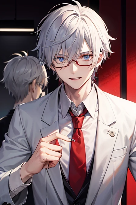 anime style mid 20's male scientist with a psychotic smile looking at the light, mad scientist, glasses, red tie, company badge hanging from his white coat, psychopath,. evangelion, white hair, blue eyes.