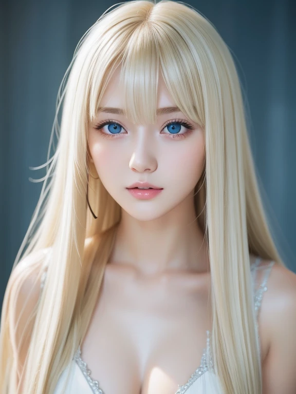 White shiny beautiful skin、Blonde hair color changing with light、Long bangs block the view、Highlights of cheek luster、Sexy and very beautiful nice cute gorgeous face、The most beautiful face in the world、Super Long Gorgeous Spare Blonde Hair、Smooth straight hair、Big, Shining light blue eyes、Beautiful bangs、Beautiful cute girl at 16 years old、adult