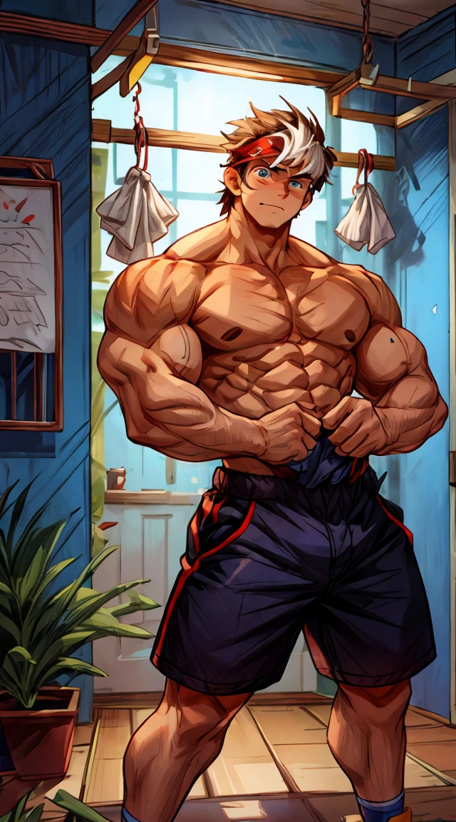 Hands hanging down，Very thin waist，Thick arms，（masterpiece，best quality，H），1 person， boy，Very shy，My face turned red，Shy，muscular，Delicateeyes，nudede)，blyes，Shirtless，Upper body，Blue purple short hair，Youthful feeling，young，（fluorescent lamp），（a color），（（Blue Background）），Shorts with white stripes，Thick arms，Broad shoulders，Strong without looking bulky，Tall figure，extremely tall height，The room looked very small in his eyes.，Hairy body，Very large body，Covered in muscles，Very strong，powerful，huge，biggest，Spread your arms out to the sides of your body，Facial Cleansing，Clean face，