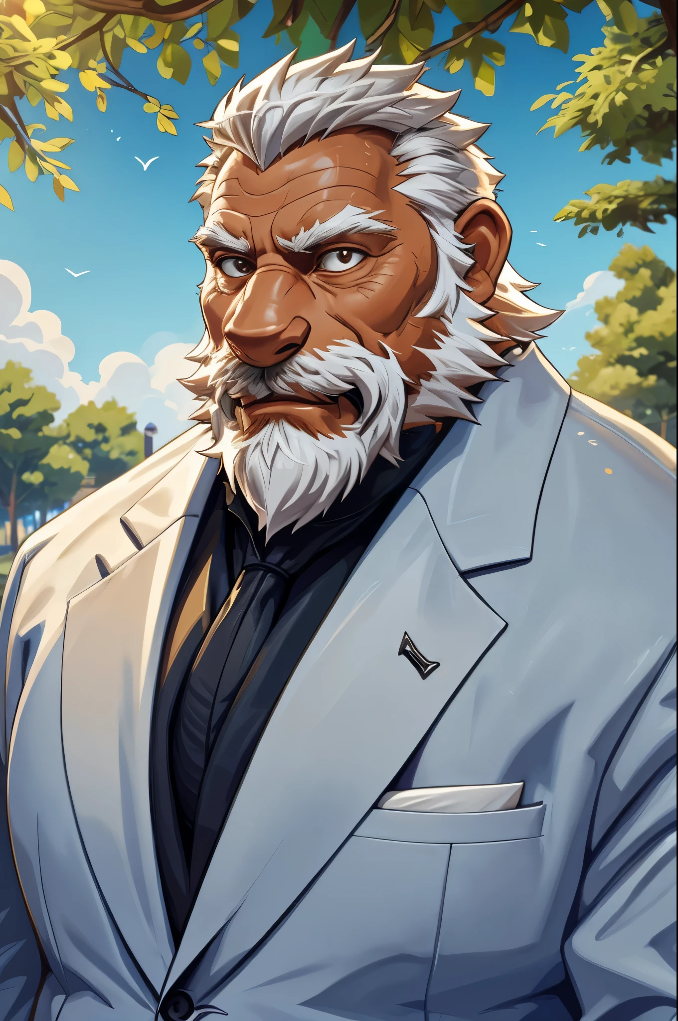 (vector:2.0, mwvector), a (portrait) of muscular old man in park, beard, happy, summer, suits, detailed vector, high detail, half body, realistic, white hair