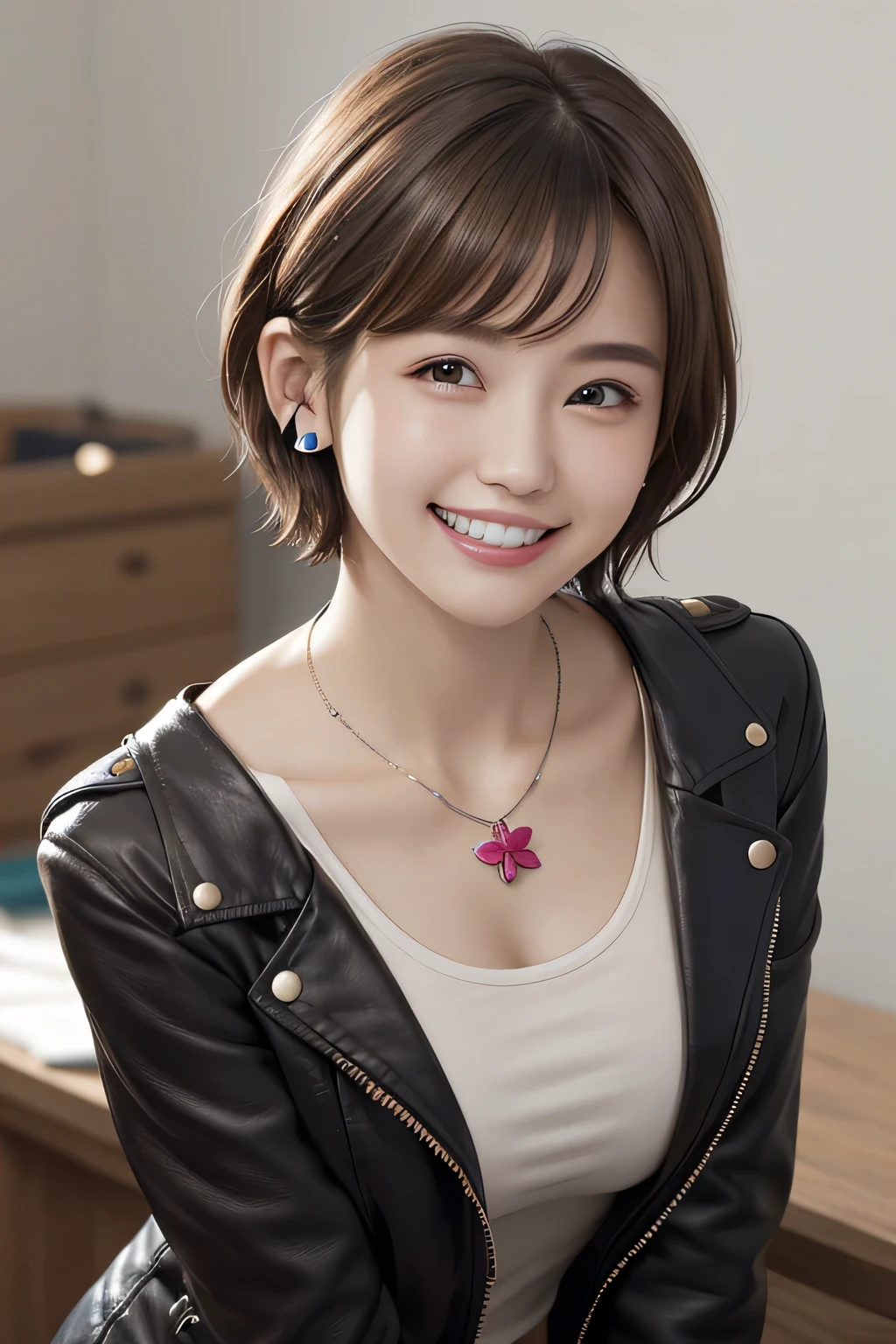 205  ((short hair)), 20-year-old female, Surrealism, Flower smile、Gums are visible、Beautiful teeth alignment、Brown Hair、Ear piercing、Necklace around the neck、leather jacket、shirt、shirt、Smiling with teeth showing、Shoulder Fashion、The background is in the room、Big Breasts、underwear