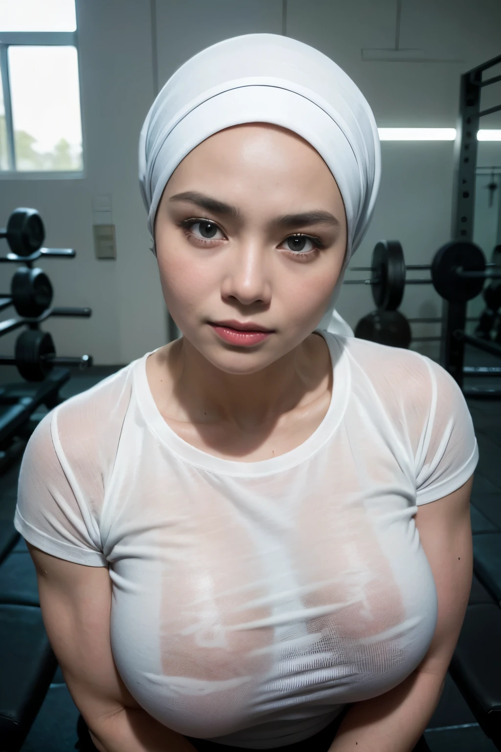 Very huge boobs, Very very wet t-shirt, ((very wet t-shirt)), wearing a mini apron without any shirt and clothes just wearing a mini apron, ((Old Lady:1.4)), ((SHORT HIJAB)), ((Gigantic tits:1. 6)), (dynamic photograph of a 58 year old Indonesian woman), (slim top, cotton panties), (straight non curly hair), (highly detailed face:1.4), (vascular muscles and abs:1.3), (background inside light, bright, private gym:1.1), (8k, uhd, dslr, high quality, cinematic lighting, bokeh), (dramatic, female Bodybuilder photography, incredible masterpiece:1.3), (((sexy sultry stare at camera:0.8))), ((she is ready to dominate you:0.5)), ((beautiful feminine face)), add_detail:1, (((wearing huge white t-shirt without picture ))),