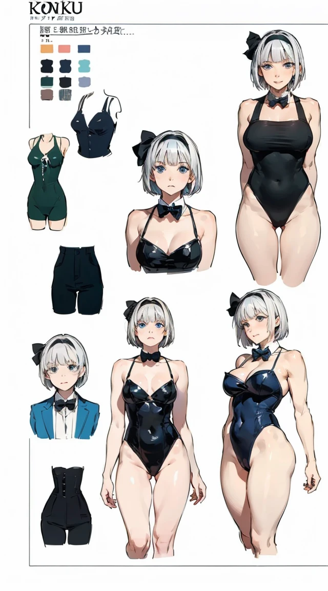 ((Konpaku Youmu)), short hair, white hair, bangs, multiple expressions,thick thighs, leotard, masterpiece, best quality, absurd res, character sheet, multiple views of the same character, full body, large breasts, blue eyes, black bowtie, Black hairband, sexy, perfect face,