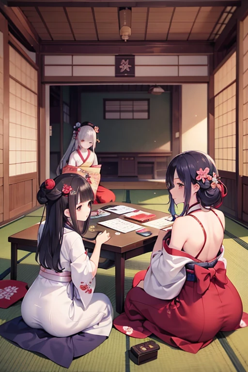 there are many people sitting on the floor playing with a board, ukiyo-e, art & language, inspired by Itō Seiu, feudal japanese setting, skilled geisha of the japanese, ukiyo - e art, ukiyo-e art, stuido ghibli,seiza