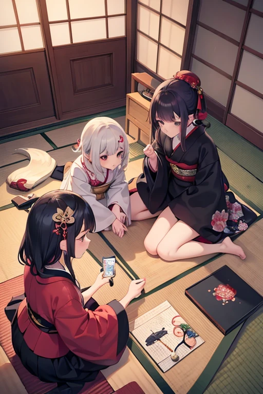 there are many people sitting on the floor playing with a board, ukiyo-e, art & language, inspired by Itō Seiu, feudal japanese setting, skilled geisha of the japanese, ukiyo - e art, ukiyo-e art, stuido ghibli,seiza