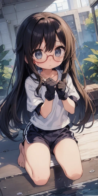 (big round glasses:1.3)、(Timid girl、sorrow、blush、Watery eye:1.2)、Long black hair、White short sleeve shirt、Navy blue shorts、(Gym suit)、 、Flat body