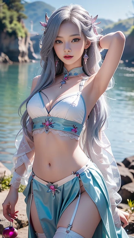 8K, ultra hd, masterpiece, hd colors, 1 girl, perfect face, very long silver white hair, detailed eyes, simple clothing, ((magenta transparentclothing)), stocking, ((crawdad stomach lace)), sardine, straps, net clothing, loops, jwellery, waterside, Realistic scenery, epic scenery, sun rising, evening, clouds, Butterfly, cherry blossom, blowing wind, perfect pose,@silver girl