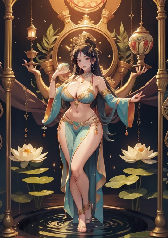 (masterpiece:1.3),(Top quality),( 8K, 4k), (Intricate details),realist,Hindu goddess、Lakshmi、Standing on the lotus、Has 4 arms、Bring water lilies(((Large Breasts)))Breast sagging、Low-cut(((Cleavage )))、(((Wide hips,)))(((Hourglass figure)))((Long legs))