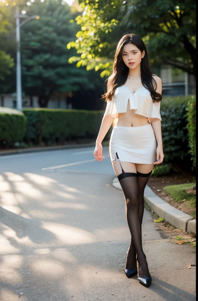 (masterpiece:1.3), (8 thousand, realistic, RAW photos, best quality: 1.4), (1 woman),(sheer silk blouse), (short skirt), (양쪽 다리에 짙은색 realistic 팬티 스타킹), (wearing stockings), (wearing stockings), (양발에 High Heels), (High Heels), (very sexy), (full body shot), (outdoors in sunny weather), (walking like a model), (Beautiful makeover), (realistic 얼굴), (very beautiful body) , (such a beautiful face), (long eyelashes), (double eyelid), (very beautiful eyes), (big bust) , (Strong body through exercise), (beautiful abs), (Beautiful heaps), (tall), (realistic face), (black hair. parted, long hair:1.3), (아름다운 parted스타일), (realistic eyes), (delicate eyes), (realistic skin), (beautiful skin), (absurd), (attractive), (ultra high resolution), (extremely realistic), (very detailed), (golden ratio), (realistic 긴 다리), (realistic 팔), (necklace), (earring),(beautiful nails manicure), (So beautiful and sexy), (perfect secretary look)