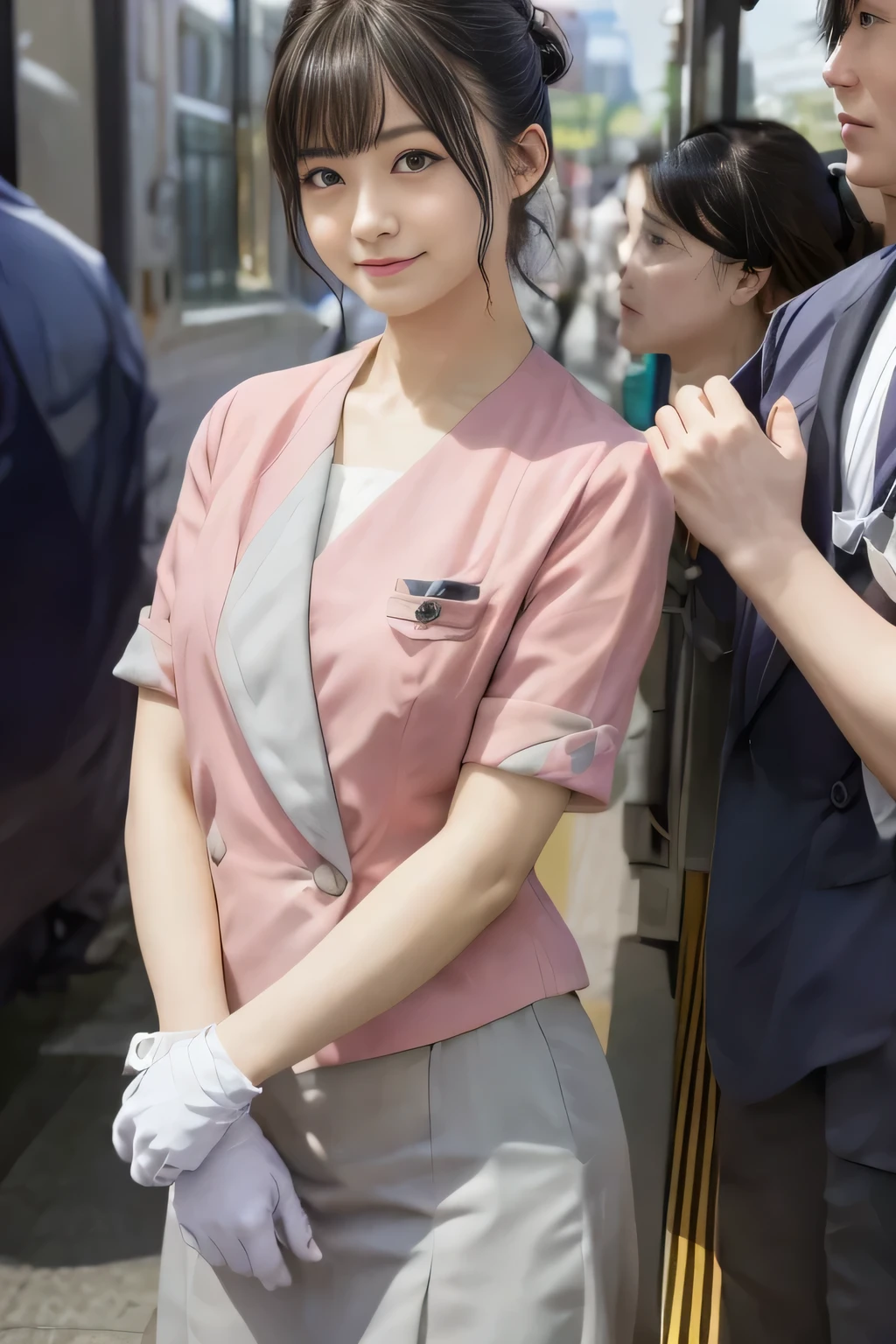 (masterpiece:1.2, highest quality:1.2), 32K HDR, High resolution, (alone、1 girl)、(On the rooftop of a building in the daytime、Professional Lighting)、Building rooftop background、(Nankai train crew uniform pinkを着たリアルスタイル)、(Nankai train crew uniform pink short sleeve pink jacket、Nankai Train Crew Uniform Pink Collarless Short Sleeve Blouse、Nankai Train crew uniform pinkのグレー色のキュロットスカート)、Dark brown hair、(Hair tied up、Hair Bun、Hair Bun)、Dark brown hair、Long Shot、Big Breasts、Thin legs、((Great hands:2.0)),((Harmonious body proportions:1.5)),((Normal limbs:2.0)),((Normal finger:2.0)),((Delicate eyes:2.0)),((Normal eyes:2.0)))、smile、(Nankai Train crew uniform pinkのグレー色のキュロットスカートを見せた美しい立ち姿)、Put your hands down、I have nothing in my hands