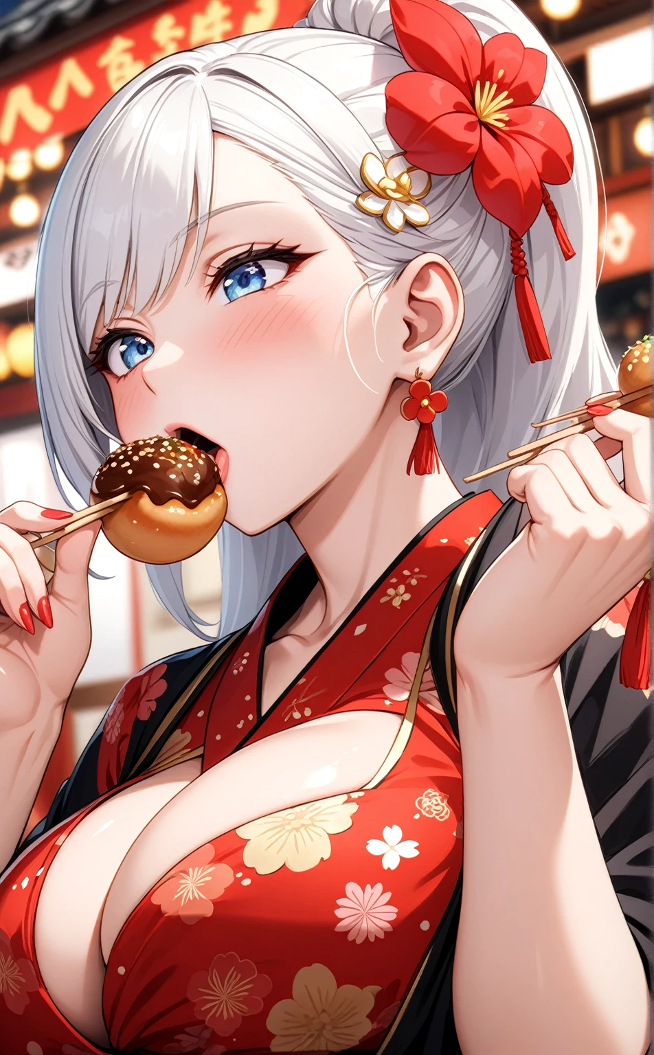 ((one personの女性)), Beautiful Face,Laugh shyly,((Wink:1.7)),Laughing with your mouth open,turn bright red,Glossy pink lips,night,Shrine festival stalls,((Anime style background)),masterpiece, highest quality, so beautiful, up to date, Complex details, (Pink long nails),AI-generated, Complex,High resolution, highest quality, super high quality,3D Images、View your audience、3D Images,one person,Long white hair,High Ponytail,blue eyes,Anime woman posing for a photo, [[Fine grain、Colorful eyes、Shining Eyes:1.15]],(Squint your eyes:1.1),a hyperRealistic , hyperRealistic , Realistic,Long haired white haired anime woman, Smooth anime CG art, A woman in a colorful kimono with gold embroidery, (Black kimono),Red floral pattern,Long flower hair ornament,Big earrings,(Big Breasts:1.1),Mature Body,tall,Big Ass,Fine details,Tight waist,(Face close-up:1.5),Tilt your face,Shooting from an angle,Eating takoyaki