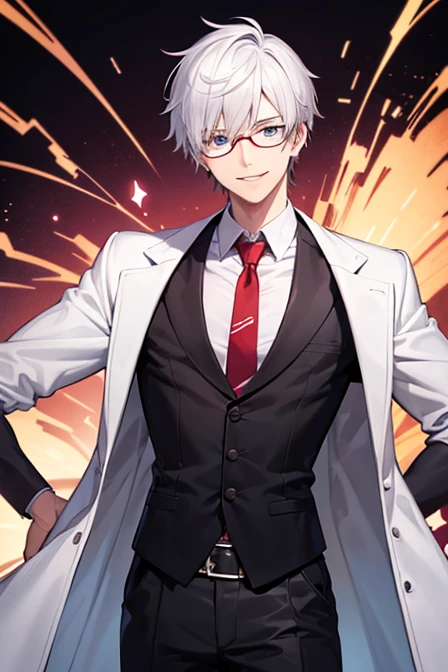 anime style 1 mid 20's male scientist with a (psychotic smile) (slightly muscular) (has a crazy face) (dark laborayory background) (looking at the light) mad scientist, glasses, red tie, company badge hanging from his white coat, psychopath,. evangelion, white hair, blue eyes. 