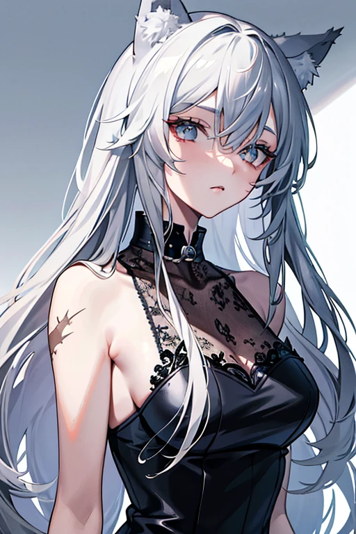 best qualtiy,tmasterpiece,The is very detailed,4K,Gray hair and shallow eyes,Drag cool expressions,Wolf ears, scar on the left eye,British style,1girl,Absolutely beautiful