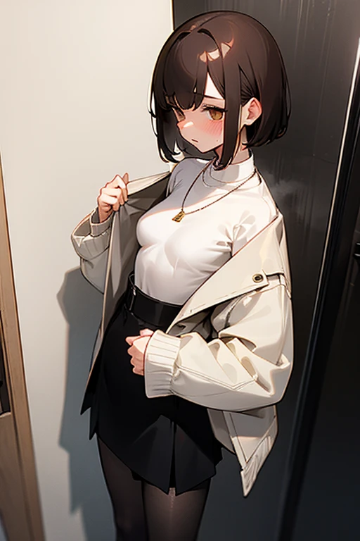 Brown short bob、White sweater、wearing a black jacket、Flared sleeves、Tight Skirt、Black Stockings、necklace、Small shower room、Undressed clothes、Your cheeks are red、tits、slender、