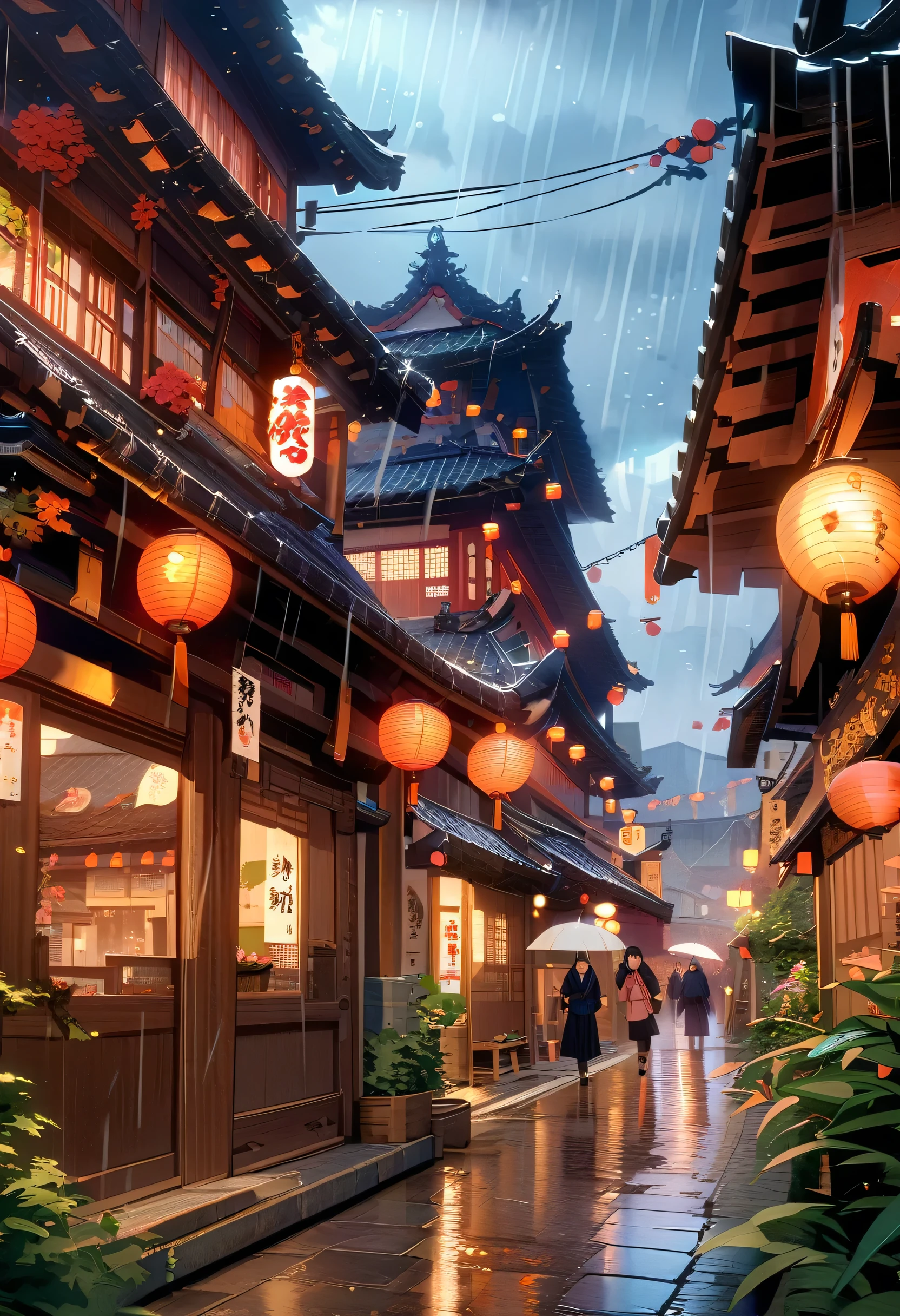 A view of the village with many lights on the buildings, Dreamy city in China, Chinese Village, Awesome Wallpapers, Japanese Street, Japanese Village, Ultra-realistic town photograph, Old Asian Village, Japanese cities, Raymond Han, Rainy night, Cyberpunk Chinese Ancient Castle, Beautifully illuminated building, Rainy Evening, beautifully、aesthetic, photograph, Cinematic, 8k, Detailed ((heavy rain)))