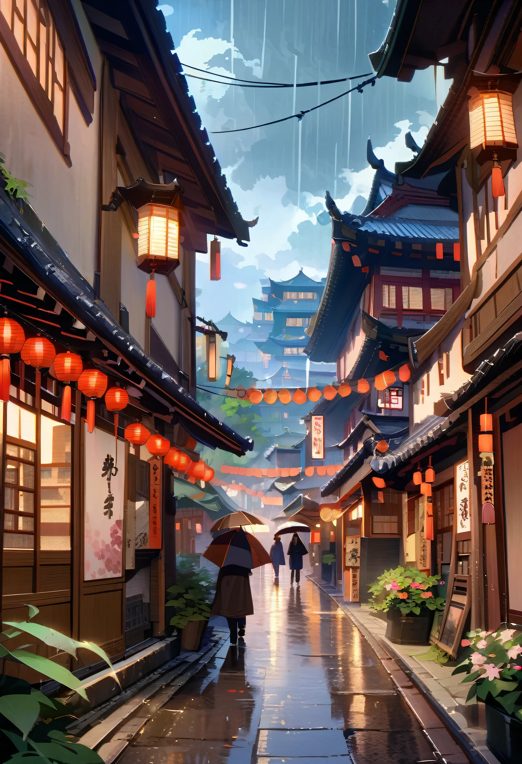 A view of the village with many lights on the buildings, Dreamy city in China, Chinese Village, Awesome Wallpapers, Japanese Street, Japanese Village, Ultra-realistic town photograph, Old Asian Village, Japanese cities, Raymond Han, Rainy night, Cyberpunk Chinese Ancient Castle, Beautifully illuminated building, Rainy Evening, beautifully、aesthetic, photograph, Cinematic, 8k, Detailed ((heavy rain)))