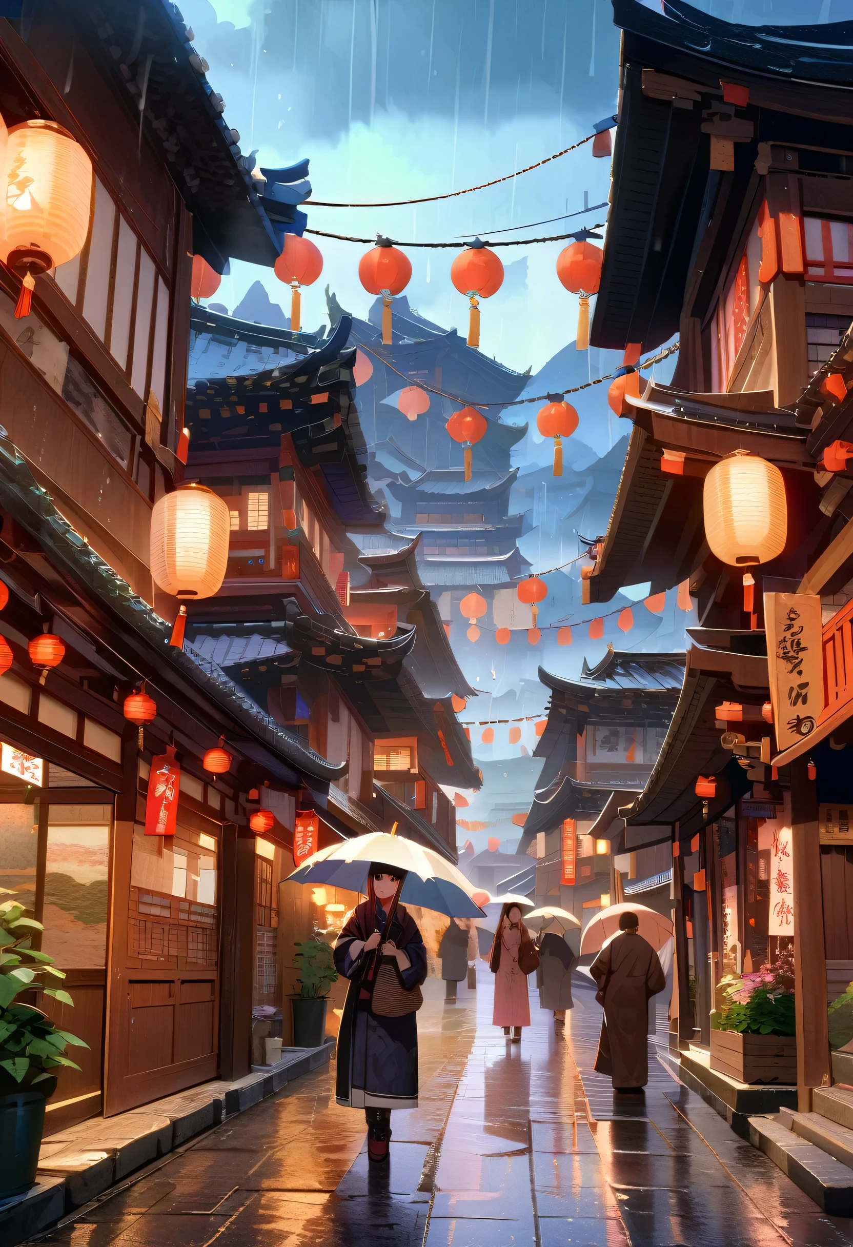 A view of the village with many lights on the buildings, Dreamy city in China, Chinese Village, Awesome Wallpapers, Japanese Street, Japanese Village, Ultra-realistic town photograph, Old Asian Village, Japanese cities, Raymond Han, Rainy night, Cyberpunk Chinese Ancient Castle, Beautifully illuminated building, Rainy Evening, beautifully、aesthetic, photograph, Cinematic, 8k, Detailed ((heavy rain)))