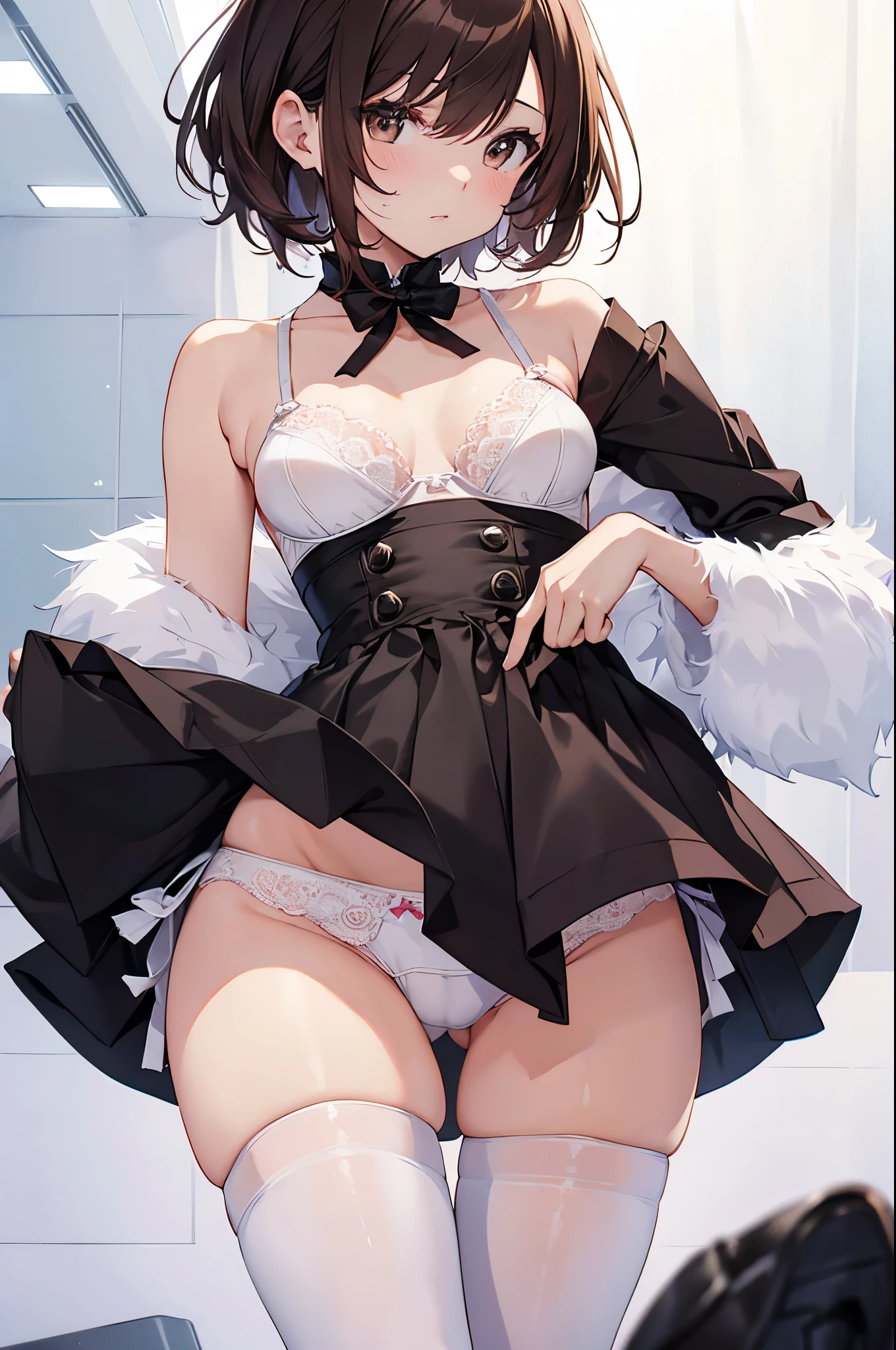 ４ｋquality, 最高quality, superior_Mikoto, Brown eyes, short_hair, small_chest,）Pink Lingerie　Sexy pose　Fascinating -　the whole body is a little wet,M-shaped legs、Grab my legs、、 in underwear、White bra、White panties、black pantyhose、(black_pantyhose):1.2)、Show White panties through stockings、I don&#39;t have shoes、Bedroom、In the room、Daytime、blush、Looking at the audience、Panty shot、Composition from the front、Looking at the audience、I see your white pants