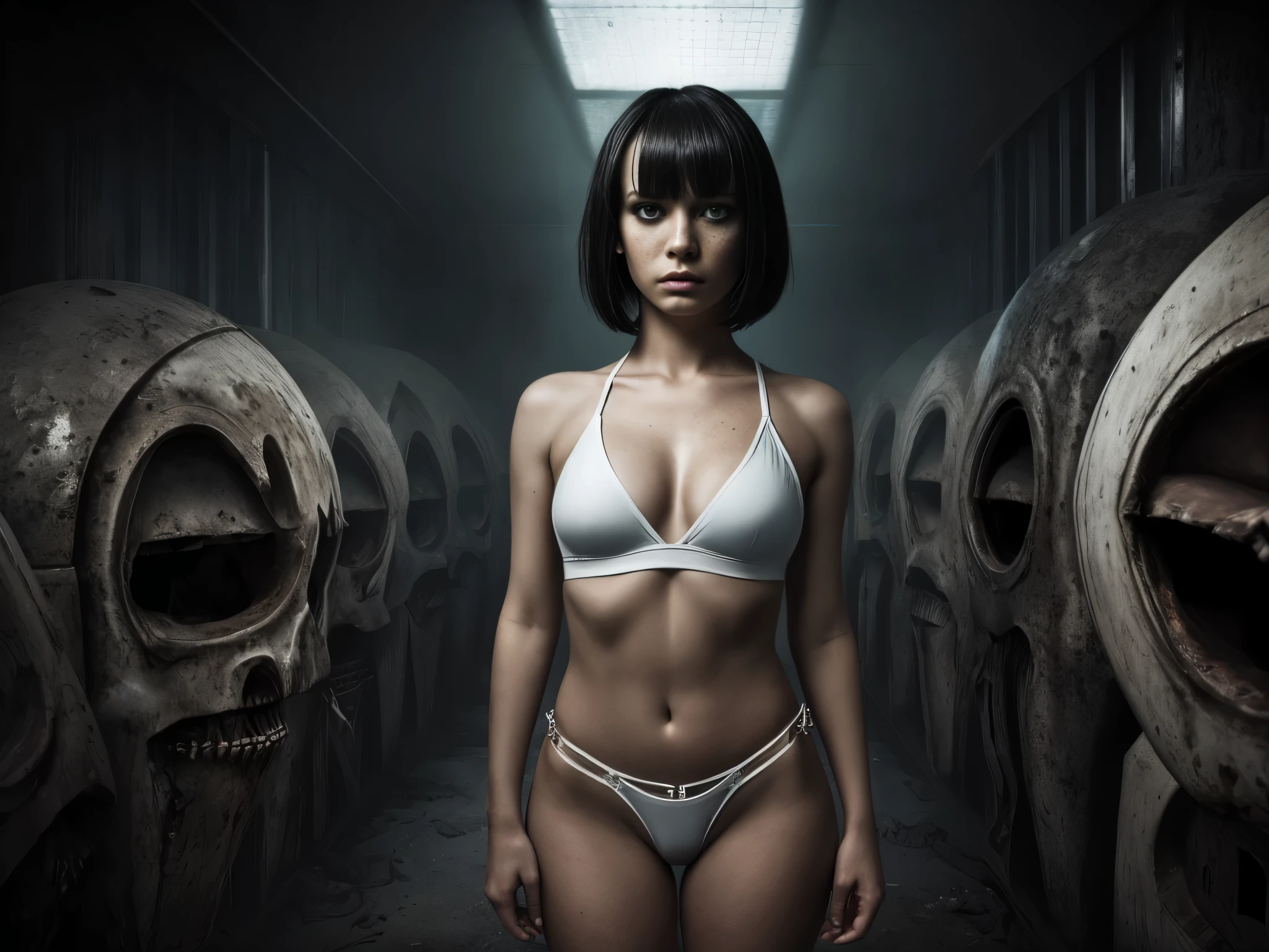 (Best Quality,hight resolution,Masterpiece, half body shot:1.2),Ultra-detailed,woman dressed in white thong and white tank top,sickly,standing in a dark creepy laboratory surrounded by aliens, she's wearing a very sexy high waisted g-string white thong, she's standing with creepy alien creatures in the background, white tight very high waisted thong, creepy laboratory with technological surgery machinaries, perfect body, sensual pose,full body shot, horror vibes, centered subject,gloomy ecstasy,fetish,dark gloomy atmosphere, creepy atmosphere, gritty texture,Retro-atmosphere,warped reality,melancholic expression on his face,mysterious aura,foggy atmosphere,foggy background,Subtle color palette,provocative pose,Strong emotions,Coming Out of the Depths of Despair,Piercing gaze,intense shadows,Plunged in Darkness,dark industrial aesthetic,ominous vibe,A supernatural sensation,Loss of Place in Time and Space,Eerie silence.asymmetrical bangs, freckles, black short hair, Bangs, freckles, gray eyes,