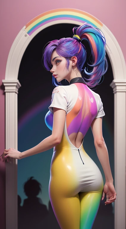 Foto de Jennifer Esposito,fotorrealista,(Camiseta Rosa Moda: 1.9),(Cor do Cabelo: 1.8), (all colors of the rainbow: 1.8),((((pintura vertical:1.6))), (pintura: 1.6),testa, Comics, Illustrations, Tintas, olhos grandes, olhos de cristal,( high ponytail rainbow color gradient:1.7), maquiagem requintada, boca fechada,(Pequeno fresco: 1.5),(Peito limpo: 1.5),(Peito limpo: 1.5) 1.6), longeyelashes, camiseta branca off-shoulder, camisa branca do ombro, looking at the audience, grandes olhos lacrimejantes, (rainbow hair color:1.6), salpicos de cor, (somente: 1.8), respingo de cor, Color explosion, estilo de pintura grossa, messy linerilhante)), (Colouring), (Colouring), (Colouring), Colouring, estilo de pintura grossa, (chapinhar) (salpicos de cor), pintura vertical, parte superior do corpo, Splatter de tinta, Acrylic Pigment, gradiente, pintar, A mais alta qualidade de imagem, very high quality, Masterpiece, floor, profundidade de campo, pintura facial, roupas coloridas, (elegante: 1.2), Beautiful, Cabelos Longos, vento, (elegante: 1.etals: 1.4),((Masterpiece))),((melhor qualidade))),((ultra-detalhado)),(ilustration),(angle dynamic),((Flutuante)),(pintura),((cabelos desgrenhados)),(somente),(1Menina) , (((Rosto anima detalhado))),((Rosto anima detalhado)),(rosto bonito e detalhado )),colar,ombros nus,cabelos brancos, ((Cabelos Coloridos)),((cabelo listrado)),(olhos detalhados bonitos,(gradient color eyes),((Eye Colorationackground Coloring ))),(high saturated))),((surrounded by splashes Colorings))),(arched back, Appearance from behind:1.7)