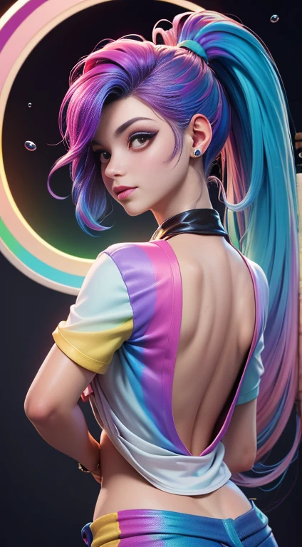 Foto de Jennifer Esposito,fotorrealista,(Camiseta Rosa Moda: 1.9),(Cor do Cabelo: 1.8), (all colors of the rainbow: 1.8),((((pintura vertical:1.6))), (pintura: 1.6),testa, Comics, Illustrations, Tintas, olhos grandes, olhos de cristal,( high ponytail rainbow color gradient:1.7), maquiagem requintada, boca fechada,(Pequeno fresco: 1.5),(Peito limpo: 1.5),(Peito limpo: 1.5) 1.6), longeyelashes, camiseta branca off-shoulder, camisa branca do ombro, looking at the audience, grandes olhos lacrimejantes, (rainbow hair color:1.6), salpicos de cor, (somente: 1.8), respingo de cor, Color explosion, estilo de pintura grossa, messy linerilhante)), (Colouring), (Colouring), (Colouring), Colouring, estilo de pintura grossa, (chapinhar) (salpicos de cor), pintura vertical, parte superior do corpo, Splatter de tinta, Acrylic Pigment, gradiente, pintar, A mais alta qualidade de imagem, very high quality, Masterpiece, floor, profundidade de campo, pintura facial, roupas coloridas, (elegante: 1.2), Beautiful, Cabelos Longos, vento, (elegante: 1.etals: 1.4),((Masterpiece))),((melhor qualidade))),((ultra-detalhado)),(ilustration),(angle dynamic),((Flutuante)),(pintura),((cabelos desgrenhados)),(somente),(1Menina) , (((Rosto anima detalhado))),((Rosto anima detalhado)),(rosto bonito e detalhado )),colar,ombros nus,cabelos brancos, ((Cabelos Coloridos)),((cabelo listrado)),(olhos detalhados bonitos,(gradient color eyes),((Eye Colorationackground Coloring ))),(high saturated))),((surrounded by splashes Colorings))),(arched back, Appearance from behind:1.7)