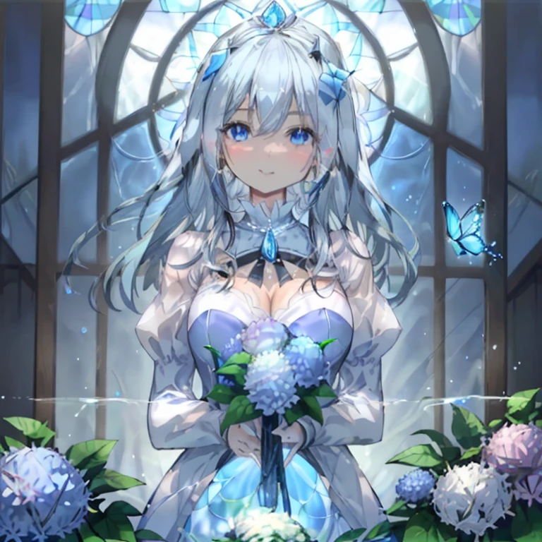 1 girl、Mature、Ample breasts、White Hair、Long Hair、Blue Eyes、Sharp Eyes、smile、Holding a bouquet of hydrangeas、Blue Butterfly、Beautiful Blue、Jewel-like eyes、prism、Water Drop、light rain、Large stained glass window in the background、Bright light shines through、mysterious、Water Dropのよう、High resolution、highest quality