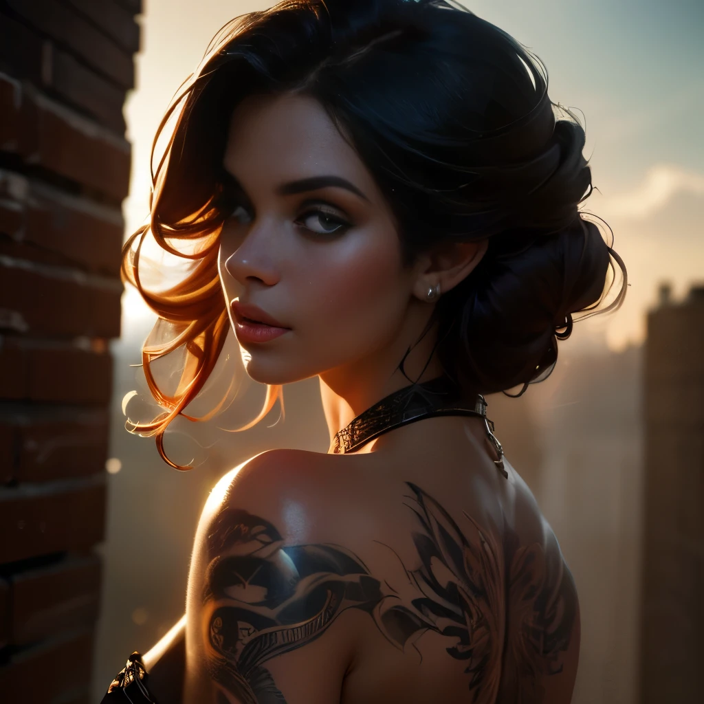 a woman with a highly detailed and intricate tattoo covering her entire back, beautiful detailed eyes, beautiful detailed lips, extremely detailed eyes and face, long eyelashes, photorealistic, 8k, hyper detailed, masterpiece, professional, colorful, dramatic lighting, cinematic, concept art