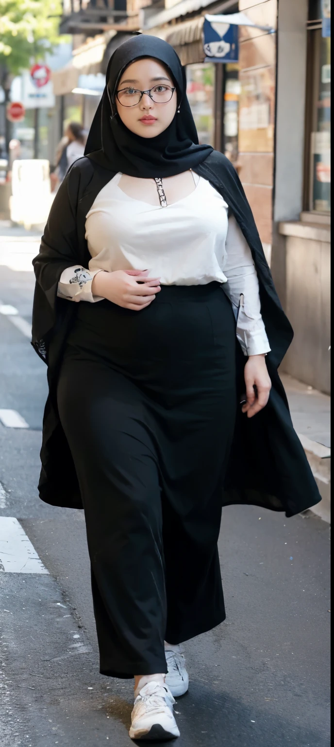 Milky white skin woman in black dress and hijab walking down the street, , hijab outfit, , hijab fashion model, plus size, plus size woman, , woman in black robes, beautiful woman, thicc, black outfit,, bbwchan , white sneakers , Height 170 cm, beautiful woman, with a beautiful appearance, a very beautiful masterpiece, a masterpiece of art, good lighting, Bright colors, Clean lines, glasses