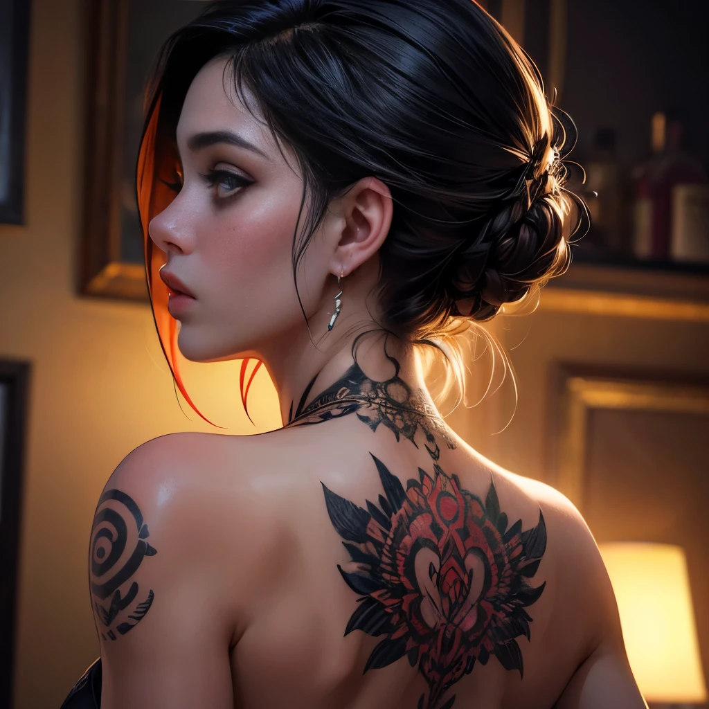 a woman with a highly detailed and intricate tattoo covering her entire back, beautiful detailed eyes, beautiful detailed lips, extremely detailed eyes and face, long eyelashes, photorealistic, 8k, hyper detailed, masterpiece, professional, colorful, dramatic lighting, cinematic, concept art、Close-up of the back、