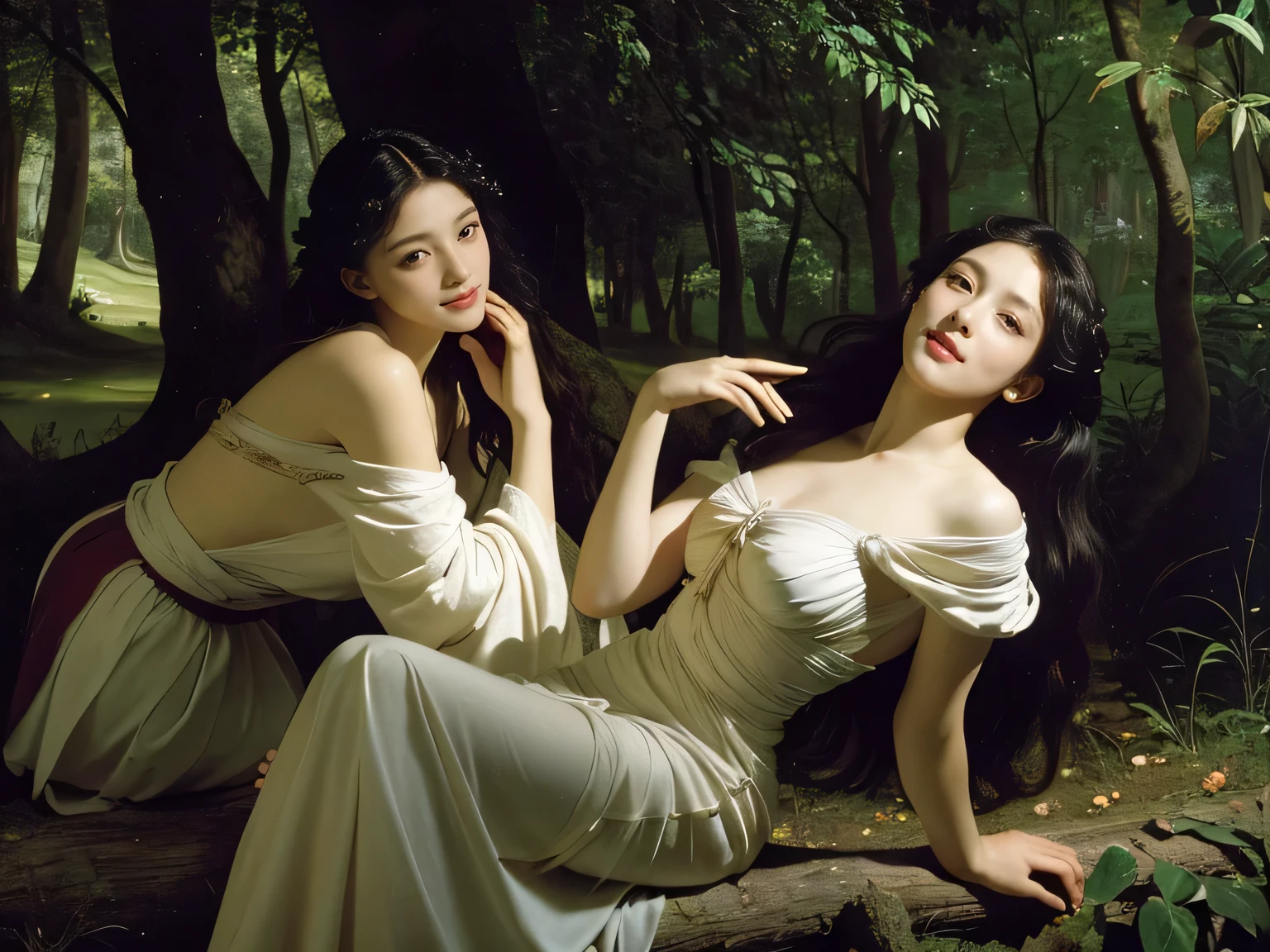 Giorgione painting style,Barbizon forest A beautiful woman in Greek dress smiles on the shore,Sweet and seductive appearance.、Caravaggio's paintings、Chiaroscuro of Caravaggio、hair tousled by the wind,Two women frolicking,cute smile, expression of ecstasy,Sexy,erotic, full body portrait