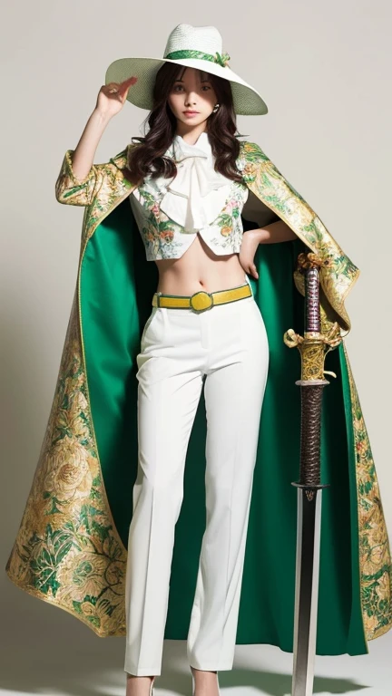 female knight,She is wearing a white floral suit and white pants, exposing a bit of her belly.,He is wearing a green floral vest and holding a sword in his left hand.,She is wearing a green floral cape, a green belt and white high heels.,Wearing a white hat that covers one eye,whole body