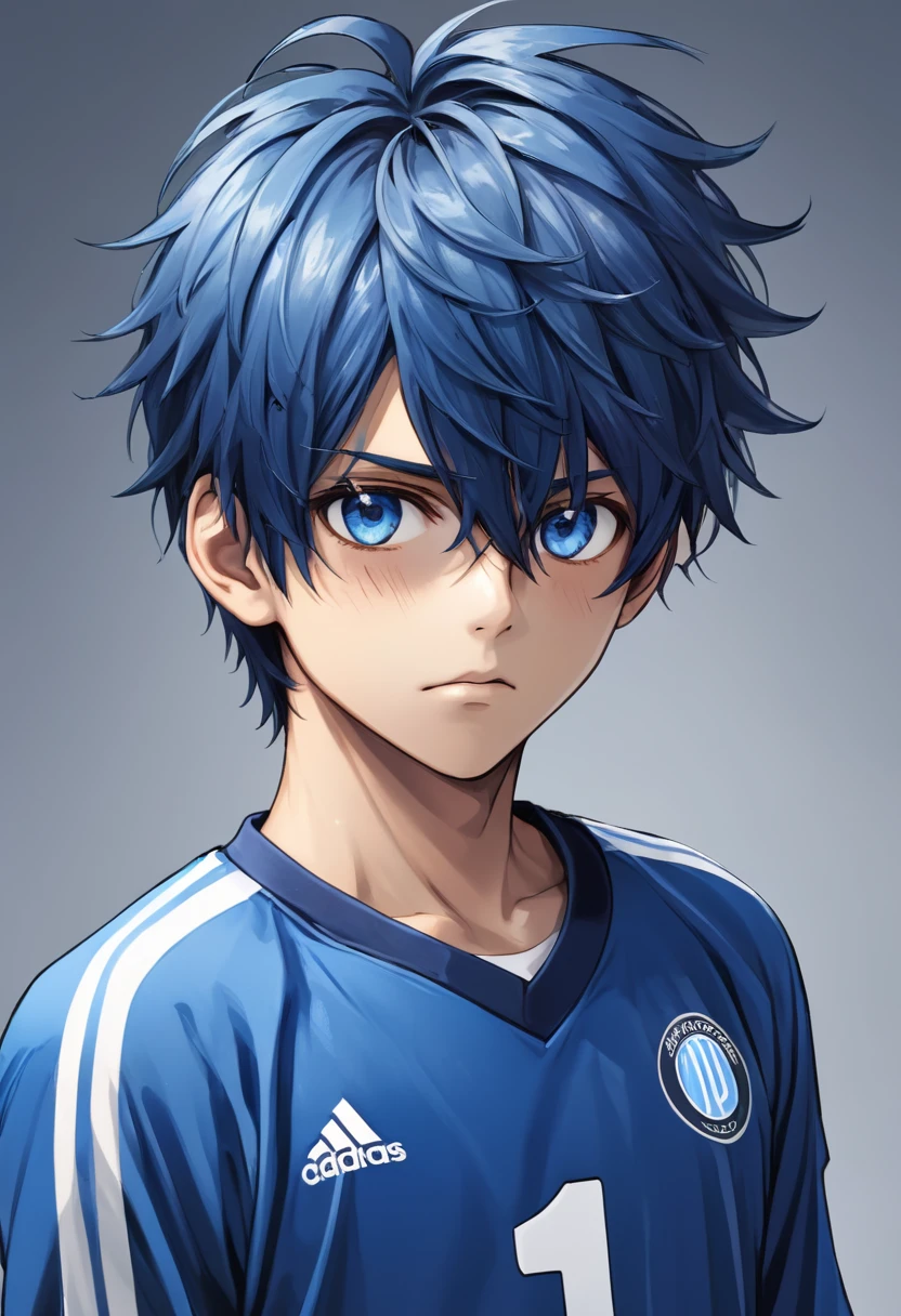 A boy, damaged football clothing, Anime style, cheveux bleu, yeux bleu, UHD
