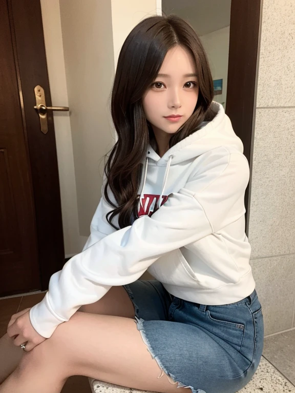 masterpiece, highest quality, High resolution,alone,Brown,artistic,Best lighting,Casual clothing,Flat Chest,Beautiful Face,expensive,smile,light makeup,Age 26,Calm woman,Detailed Hair,Laughing woman,Face Focus,Messy Hair,Very white skin,Thin eyebrows,outside,Woman sitting on floor with legs crossed,indoor,Woman wearing a hoodie