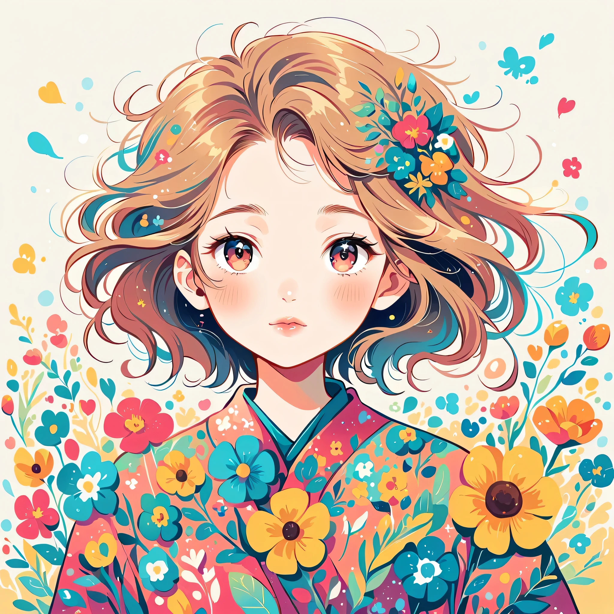 Hayao Miyazaki Style、The most beautiful girl of all time、Lips in Love、Colorful flowers、Simple line initials、Abstract art、Urban Background