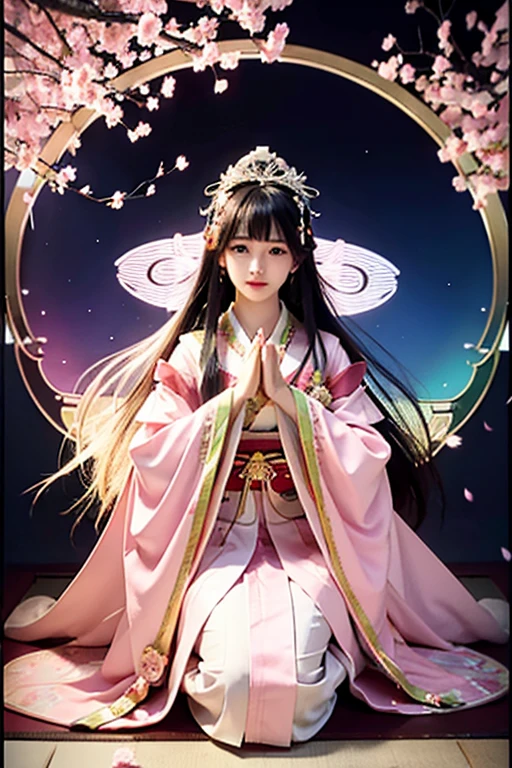 goddess 12unlined kimono The color is lustrous upright Joining hands in prayer looking at the camera Background is cherry blossoms Front view The person is big tiara