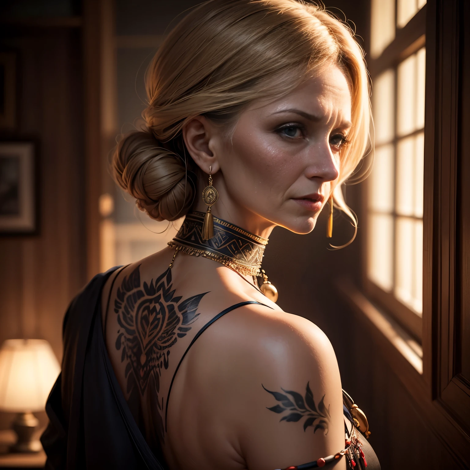 Beautiful and sophisticated older woman with intricate back tattoo、Stunning traditional tribal clothing、tribal jewelry、Elaborate facial features、Dramatic lighting、Very sophisticated、Cinematic、Ultra-realistic、8k、masterpiece、Award-winning、Dramatic chiaroscuro lighting、Bright colors、Moody atmosphere、Photorealistic