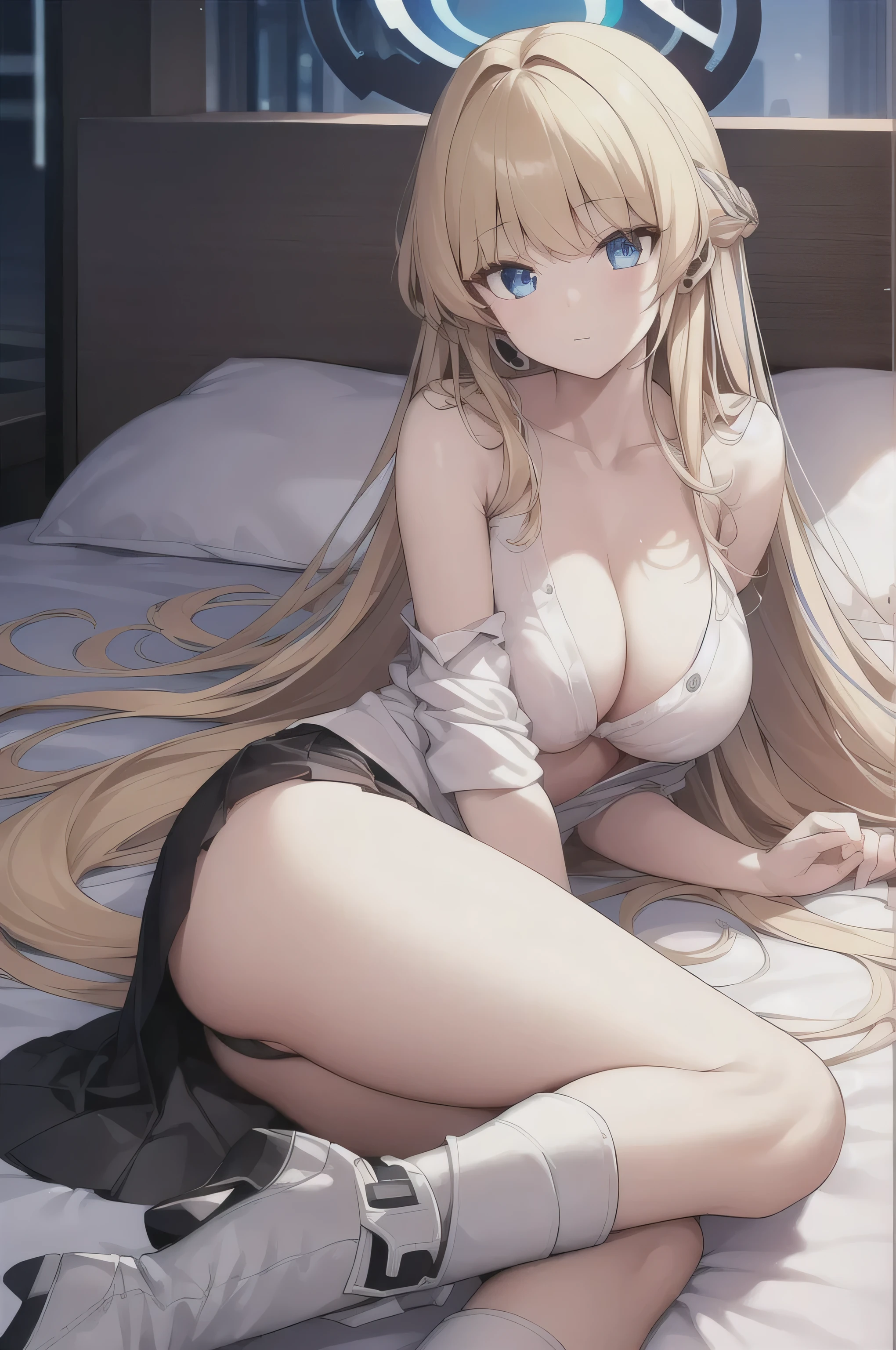 A girl，blond hair, Long hair, Eye:1.5), (Large Breasts:1.2),
Rest special short skirt, skirt, White shirt， Seto Fuku,Low-cut，Open shirt，Close your eyes，boots，Cleavage rests while looking at the audience,Lying down，
Rest in the bedroom, Bed rest (masterpiece:1.2), best quality, high resolution, Unity 8k Wallpaper, (illustration:0.8), (Beautiful and delicate Eye:1.6), Extremely detailed face, Perfect lighting, Extremely detailed CG, (Perfect hands, Perfect anatomical structure),