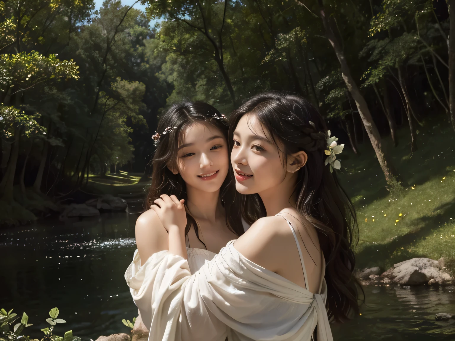 Giorgione painting style,Barbizon forest A beautiful woman in Greek dress smiles on the shore,Sweet and seductive appearance.、Caravaggio's paintings、Chiaroscuro of Caravaggio、hair tousled by the wind,Two women frolicking,cute smile, expression of ecstasy,Sexy,erotic, full body portrait