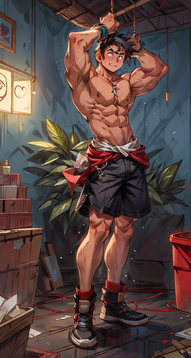 Hands hanging down,Very thin waist,Thick arms,(masterpiece,best quality,H),1 person,Nude boy,Very shy,My face turned red,Shy,muscular,Delicateeyes,nude,(nude),blue eyes,Shirtless,Upper body,Blue purple short hair,Youthful feeling,young,(fluorescent lamp),(a color),((Blue Background)),Shorts with white stripes,Thick arms,Broad shoulders,Strong without looking bulky,Tall figure,extremely tall height,The room looked very small in his eyes.,Hairy body,Very large body,Covered in muscles,Very strong,powerful,huge,biggest,Spread your arms out to the sides of your body,Facial Cleansing,Clean face,Male focus,Chest muscle expansion,