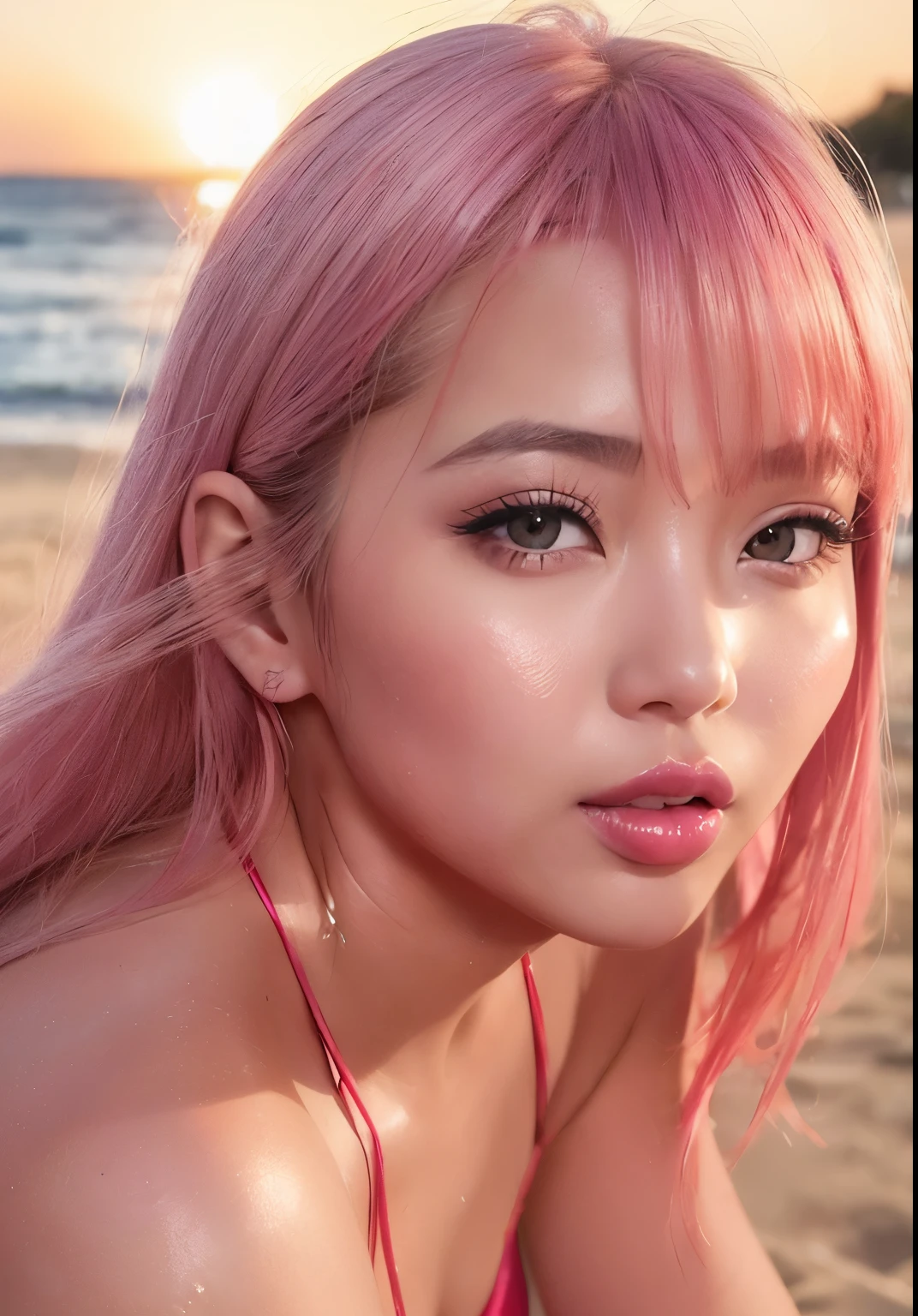 Chinese Idol Plump and glamorous figure Blonde with bangs ((eye glass)) bright red lips Duck mouth Super shiny enamel metallic bikini Flushed cheeks ((Date on the beach at night)) Portrait Looking at the camera ((Dressing)) Sultry and sweaty shiny face Sweaty Sweaty, flushed face Frontal eye contact Kissing Face Open leg sitting Charming smile Portrait masterpiece Big brown eyes Depicted from below (Soaking wet woman) (Sunset) Ecstasy facial expression ((Tanned, wheat-colored skin)) ((Mature Woman)) (Super shiny pink lipstick for plump lips)