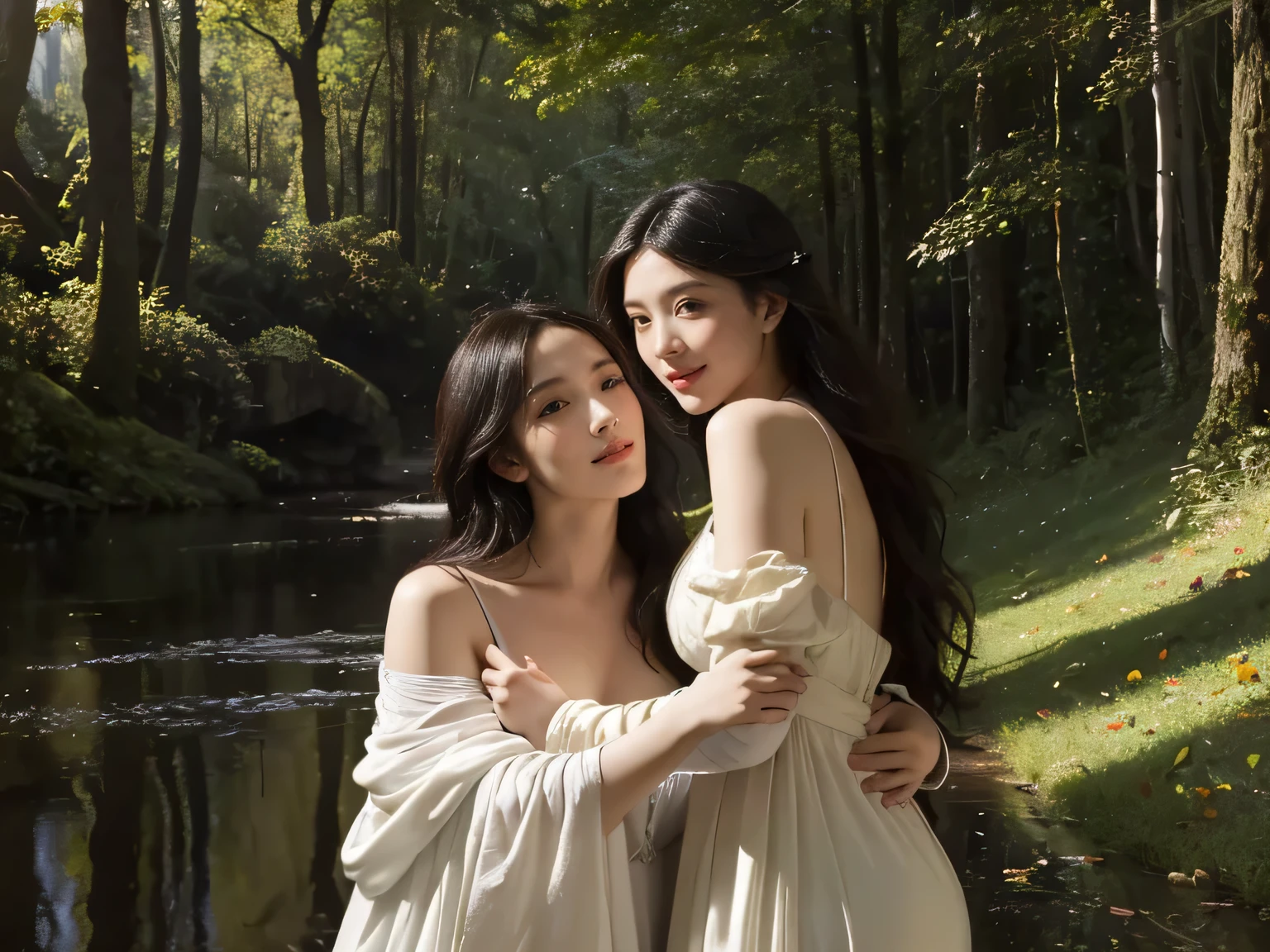 Giorgione painting style,Barbizon forest A beautiful woman in Greek dress smiles on the shore,Sweet and seductive appearance.、Caravaggio's paintings、Chiaroscuro of Caravaggio、hair tousled by the wind,Two women frolicking,cute smile, expression of ecstasy,Sexy,erotic, full body portrait 