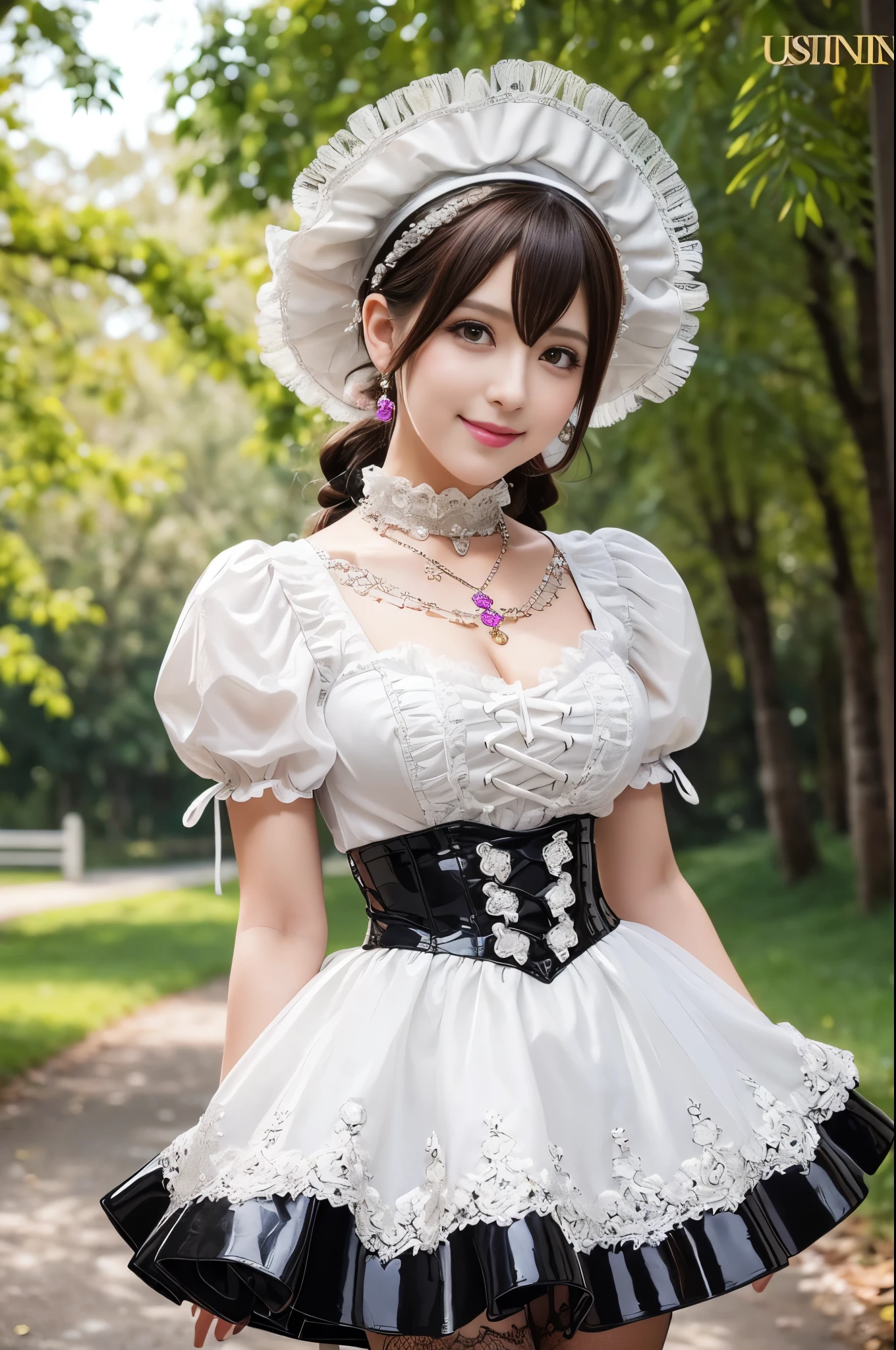 (nsfw), sexy stylish Swedish model, only 1 female, ((doll-like appearance)), short Mahogany stylish hair, ((shiny Victorian-Style boots)), (big smile), ultra detailed eyes, vivid eye makeup, lipgloss, long lashes, defined eyebrows, ((sexy Paradise Kiss cosplay)), bell-shaped skirt, petticoats, high neckline, puffed sleeves, ((ultra detailed lace)), ((ultra detailed embroidery)), intricate details, Paradise Kiss accessoires and matching headpiece, choker, ((large sparkling Paradise Kiss jewelry)), cinematic light, detailed large park background with trees