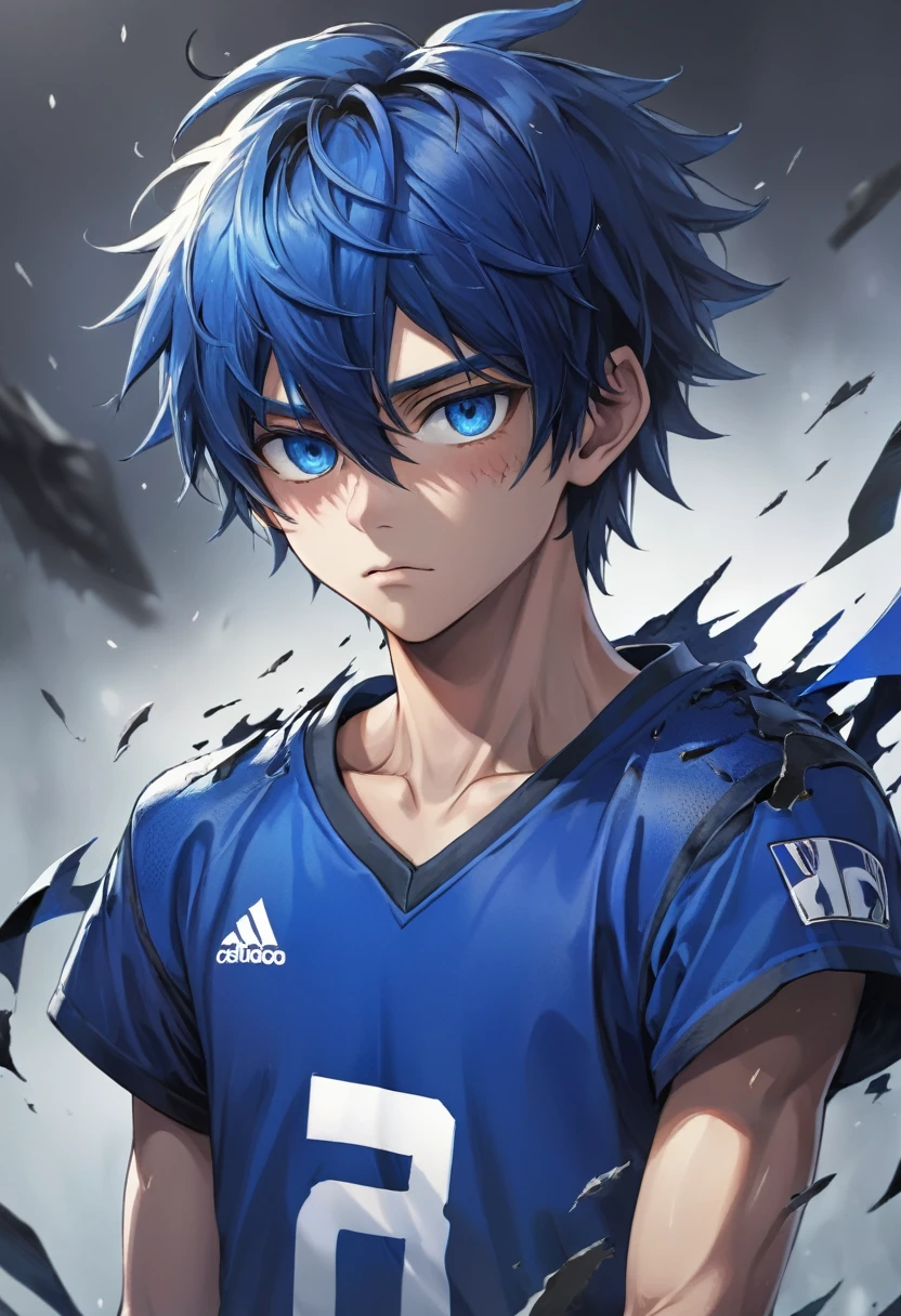 A boy, damaged football clothing, Anime style, cheveux bleu, yeux bleu, daemon version, UHD