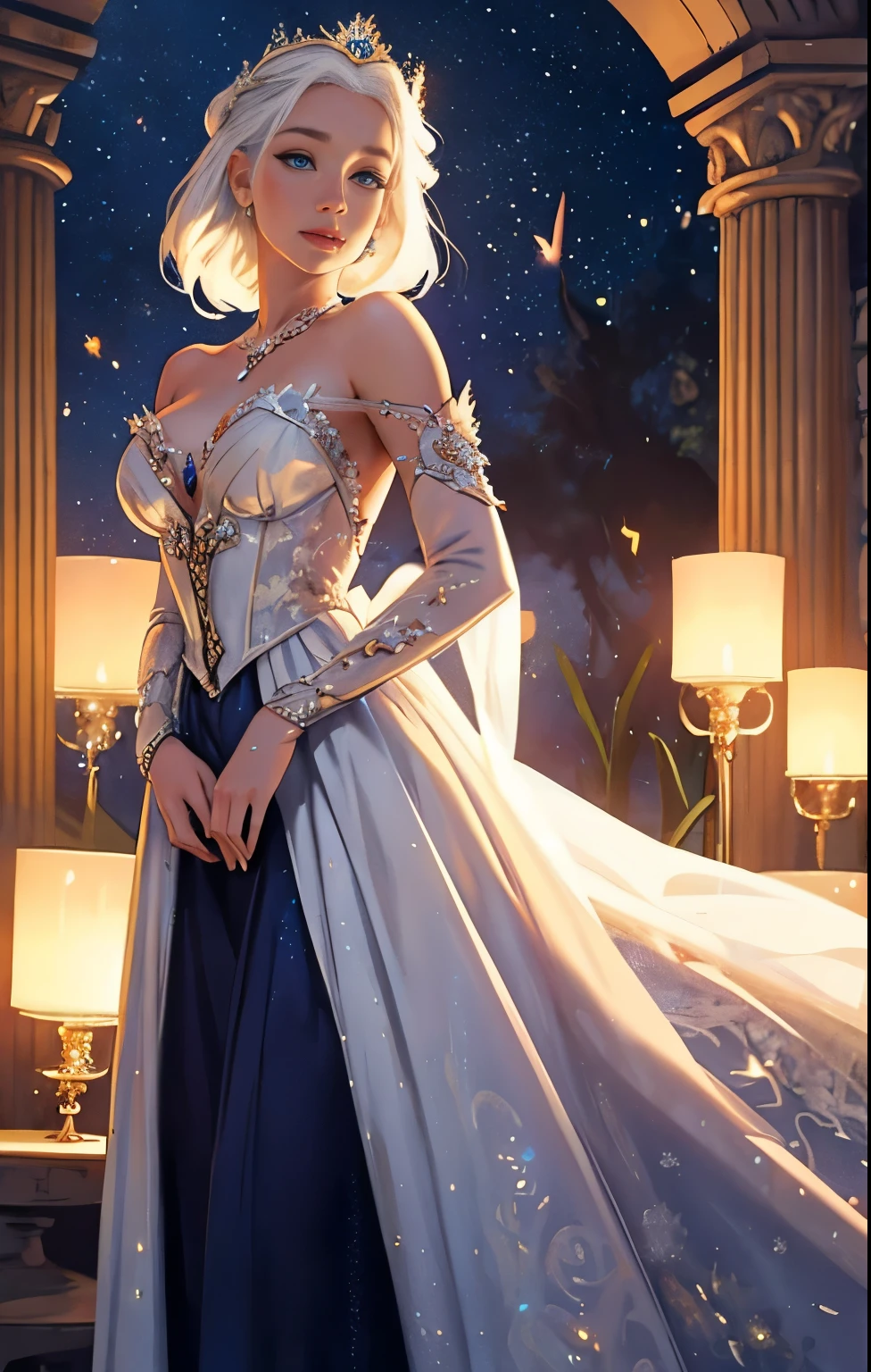 Princess Targaryen, gardens, fireflies, magical, looks like Lauren Jerman, graceful, flowing white hair, in a 16th century dress studded with diamonds on fabric with open shoulders, large breasts, beautiful indigo eyes, delicate face, waist-high, hd